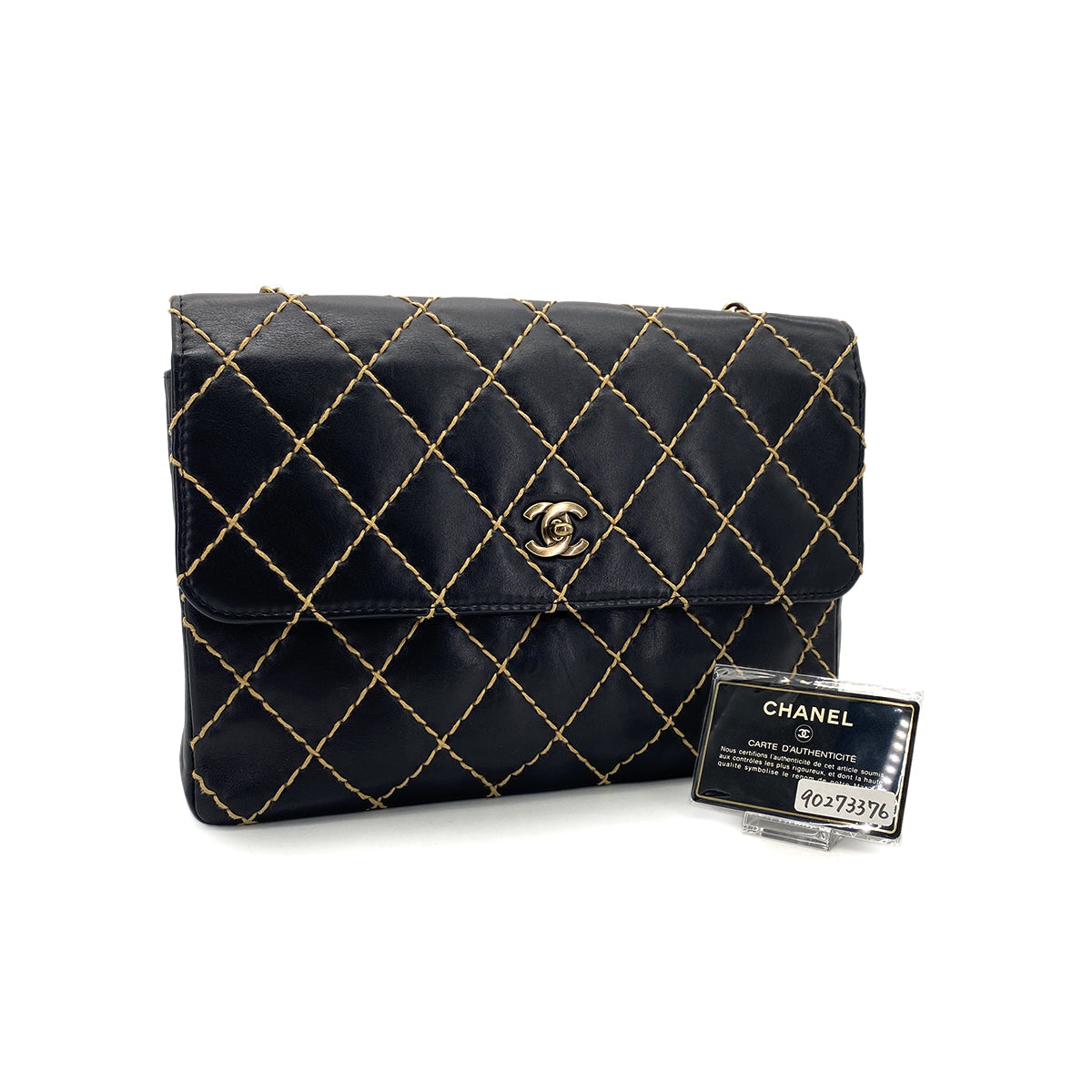 Luxury Promise Japan CHANEL VINTAGE WILD STITCH CHAIN SHOULDER BAG BLACK LEATHER 90273376