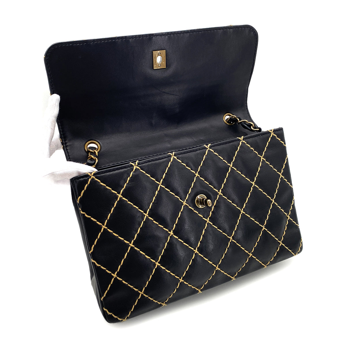 Luxury Promise Japan CHANEL VINTAGE WILD STITCH CHAIN SHOULDER BAG BLACK LEATHER 90273376