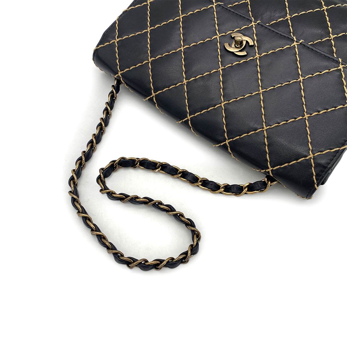 Luxury Promise Japan CHANEL VINTAGE WILD STITCH CHAIN SHOULDER BAG BLACK LEATHER 90273376