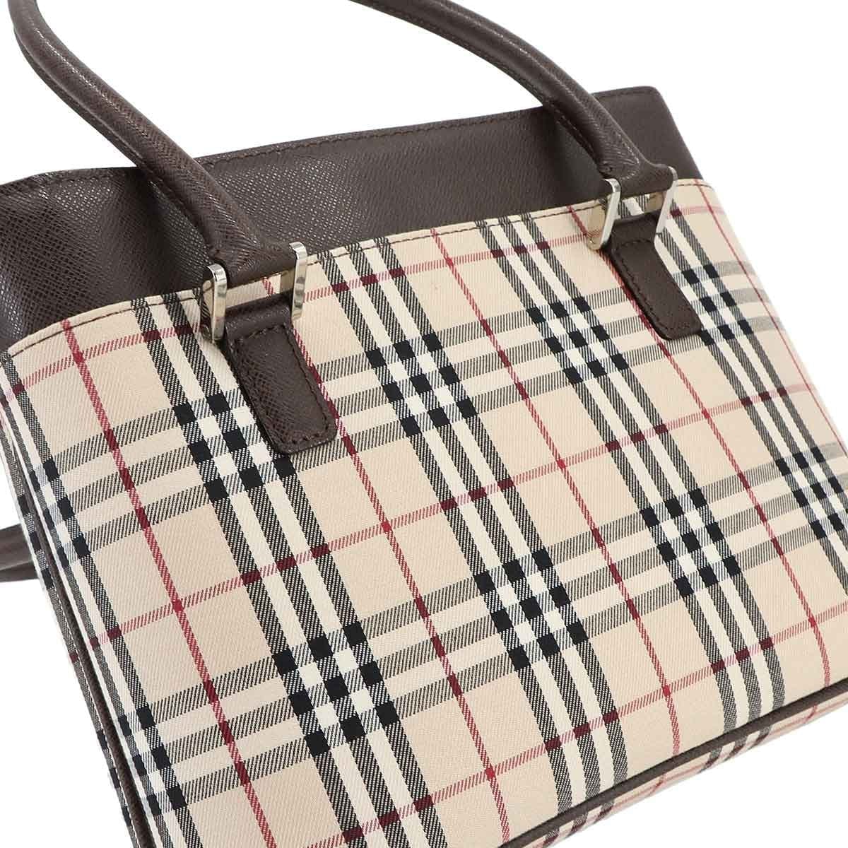 Luxury Promise Japan BURBERRY Plaid Hand Bag Canvas Leather Beige Brown Purse 90299650