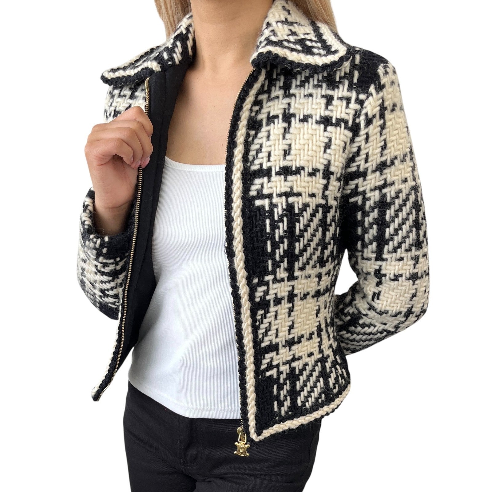 Luxury Promise Japan CELINE Vintage Macadam Logo Tweed Jacket Zip Black White Gold Wool Collar