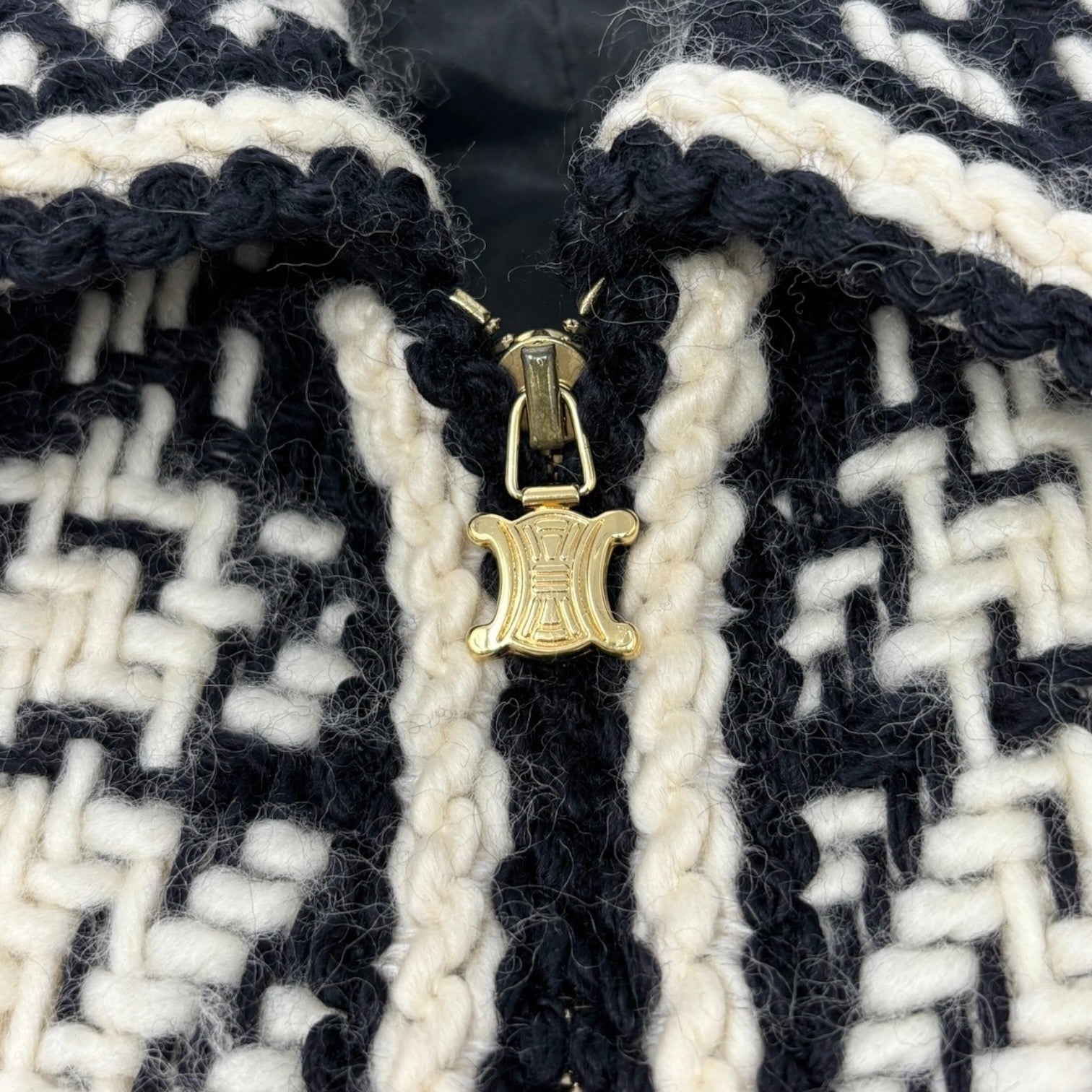 Luxury Promise Japan CELINE Vintage Macadam Logo Tweed Jacket Zip Black White Gold Wool Collar