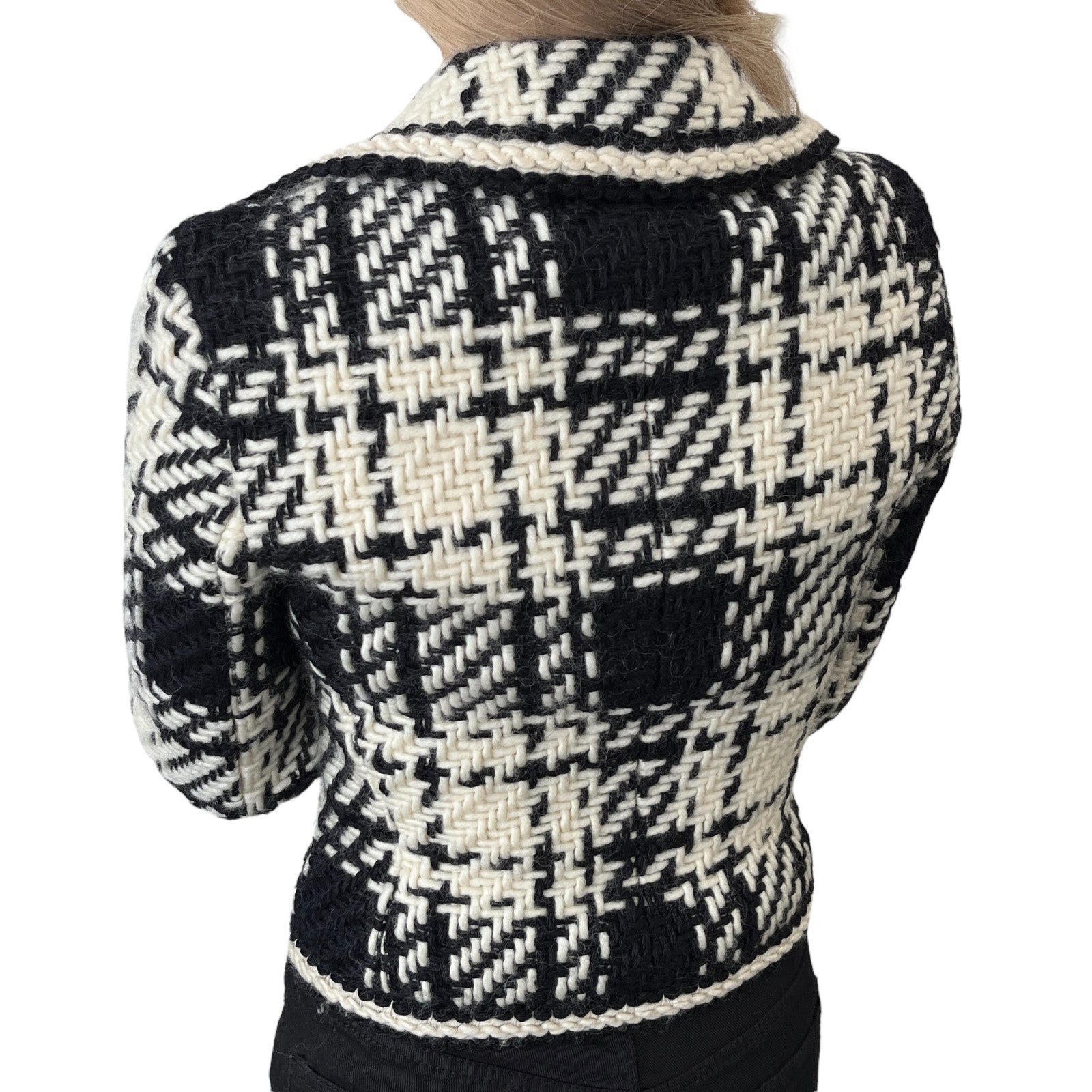 Luxury Promise Japan CELINE Vintage Macadam Logo Tweed Jacket Zip Black White Gold Wool Collar