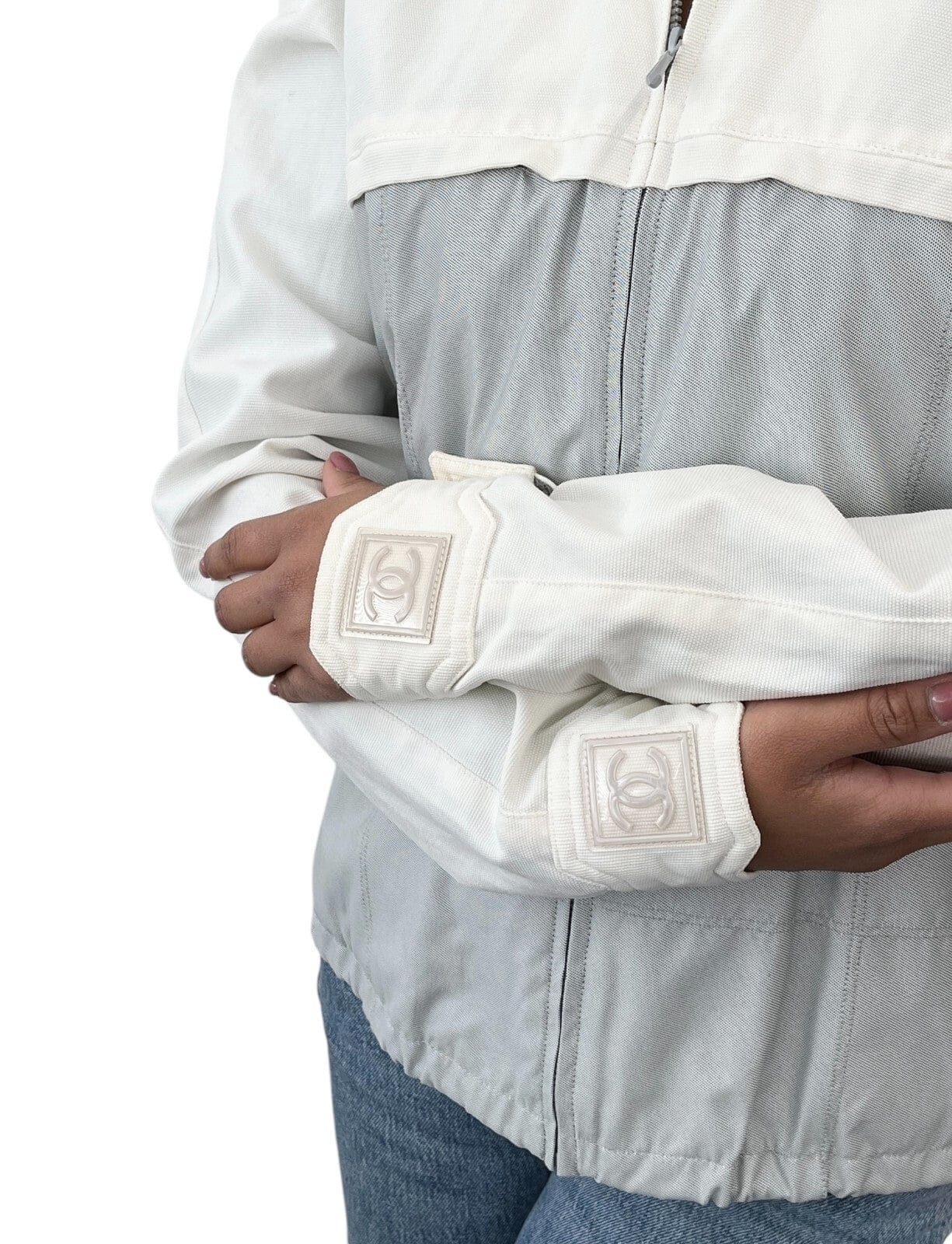 Luxury Promise Japan CHANEL Sport Vintage 01P CC Mark Logo Zipped Jacket #36 White Gray Cotton