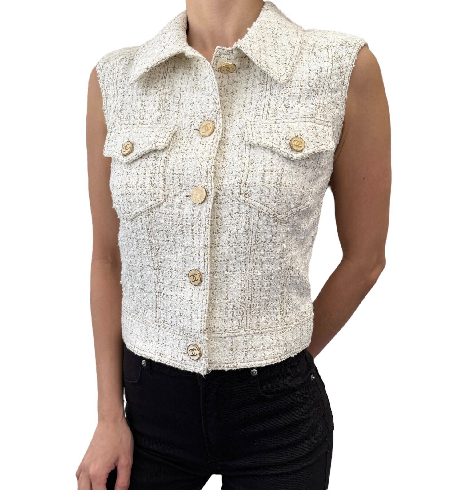 Luxury Promise Japan CHANEL Vintage 01P CC Mark Logo Sleeveless Vest Jacket #36 White Cotton Button
