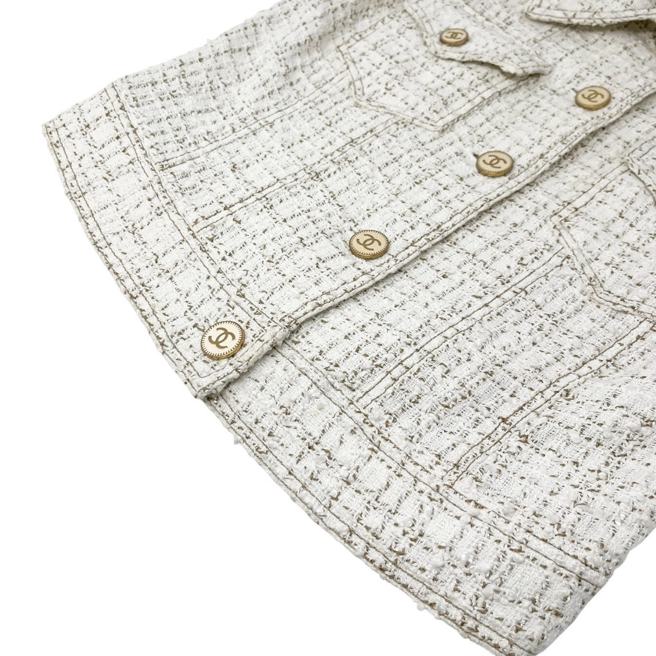 Luxury Promise Japan CHANEL Vintage 01P CC Mark Logo Sleeveless Vest Jacket #36 White Cotton Button