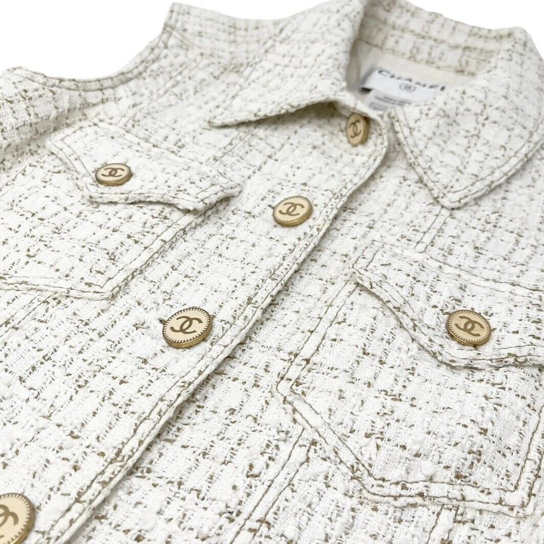Luxury Promise Japan CHANEL Vintage 01P CC Mark Logo Sleeveless Vest Jacket #36 White Cotton Button