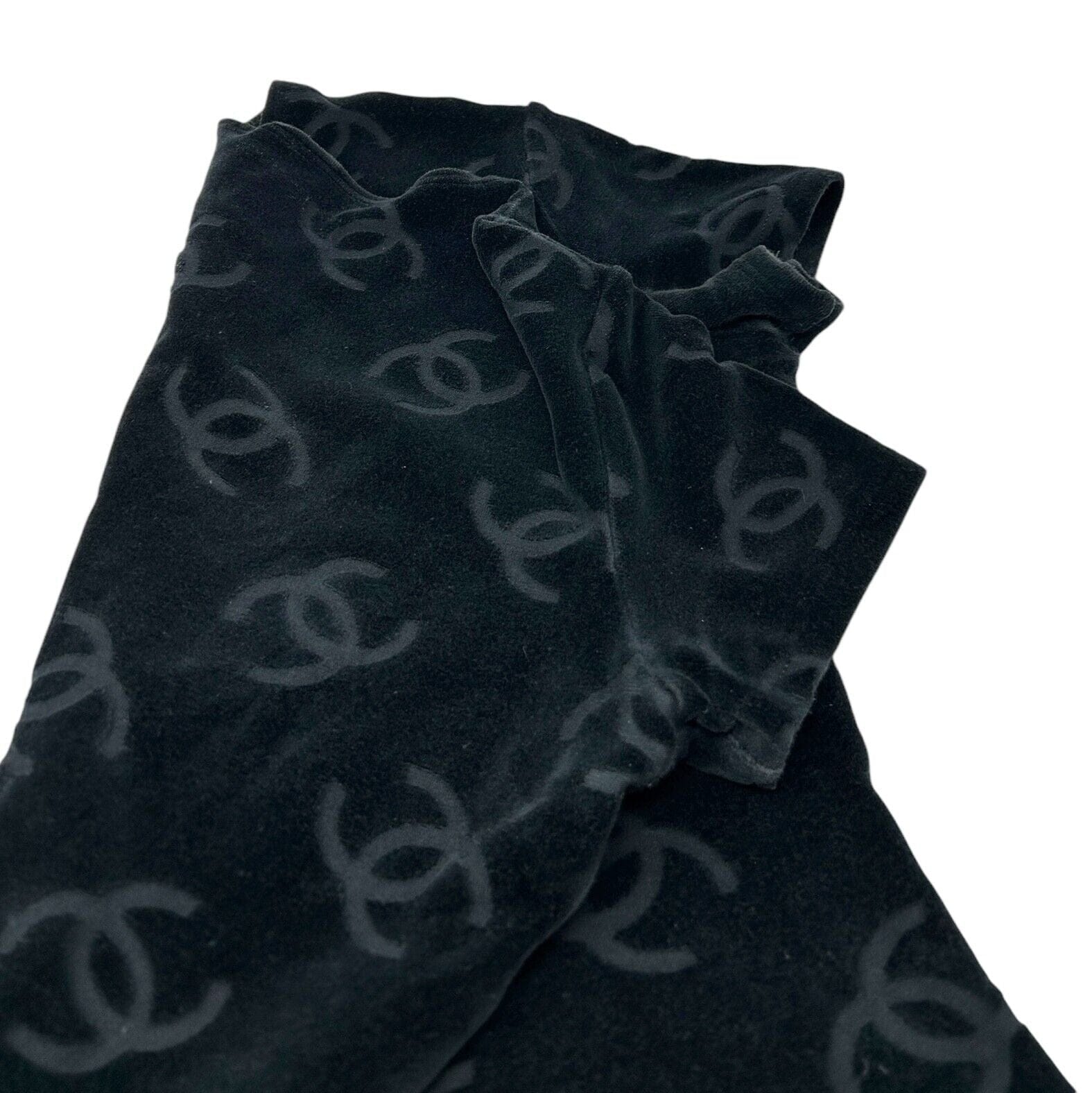 Luxury Promise Japan CHANEL Vintage 1996 CC Mark Logo Velour T-shirt Top #42 Black Cotton Nylon