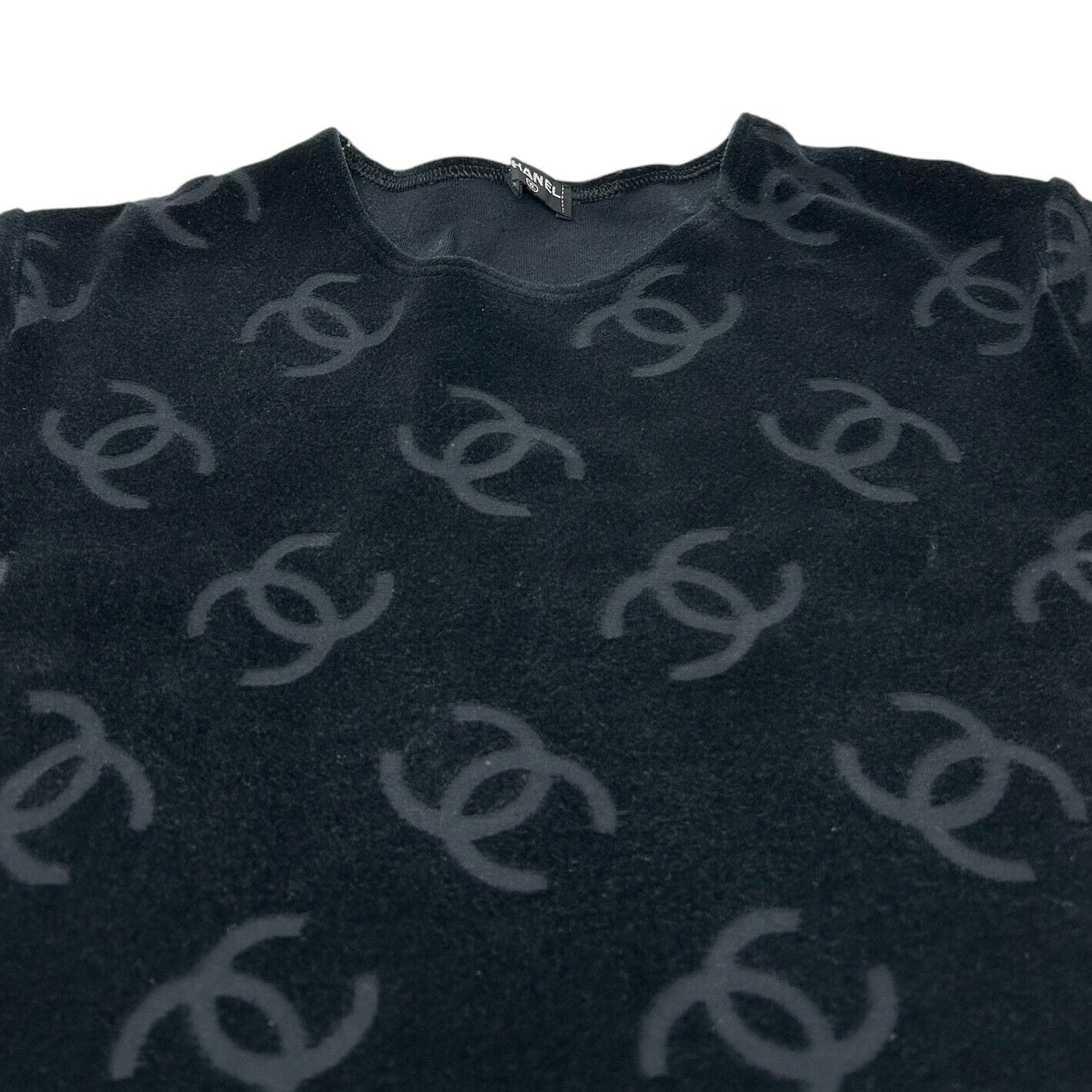 Luxury Promise Japan CHANEL Vintage 1996 CC Mark Logo Velour T-shirt Top #42 Black Cotton Nylon