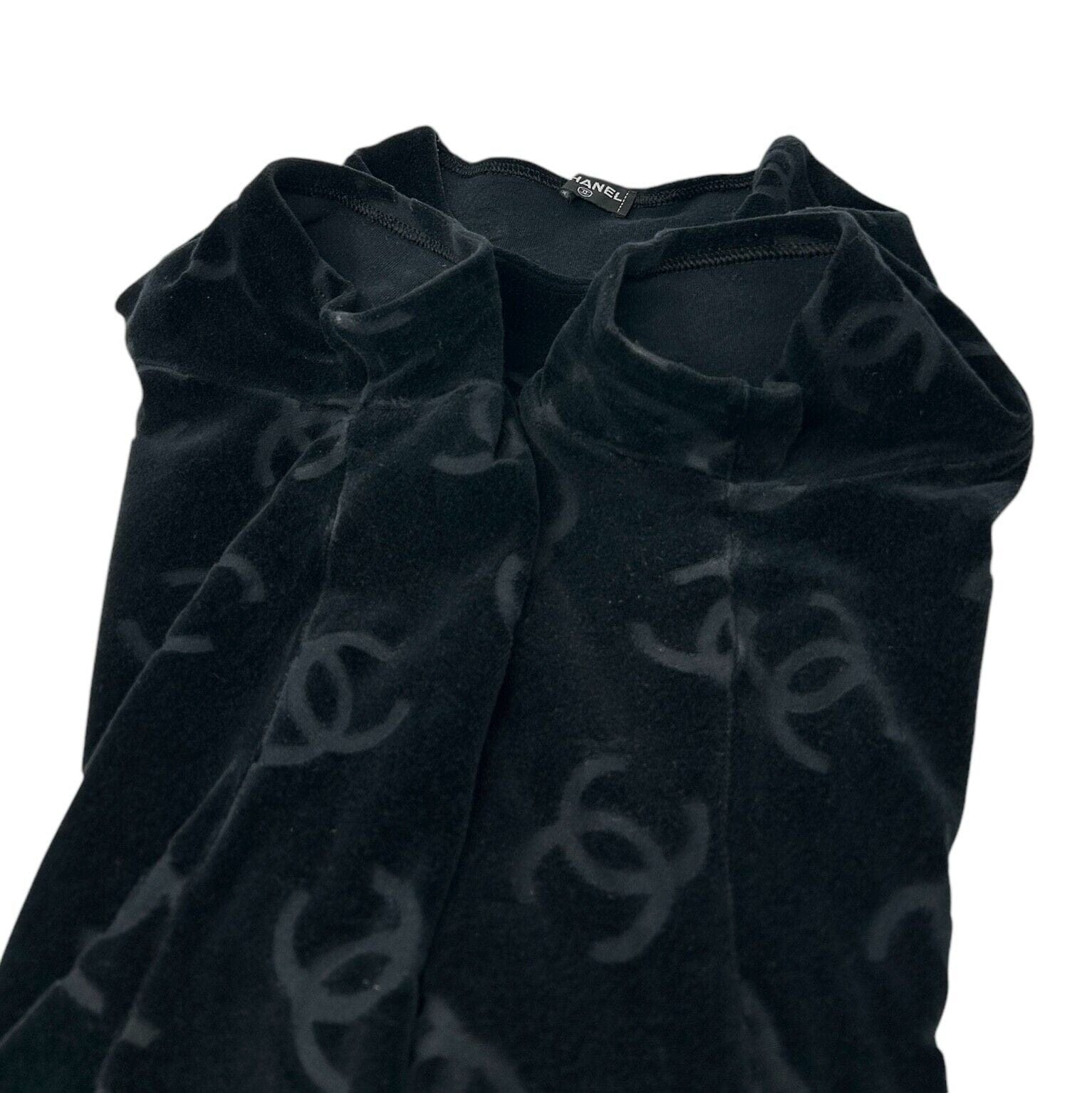 Luxury Promise Japan CHANEL Vintage 1996 CC Mark Logo Velour T-shirt Top #42 Black Cotton Nylon