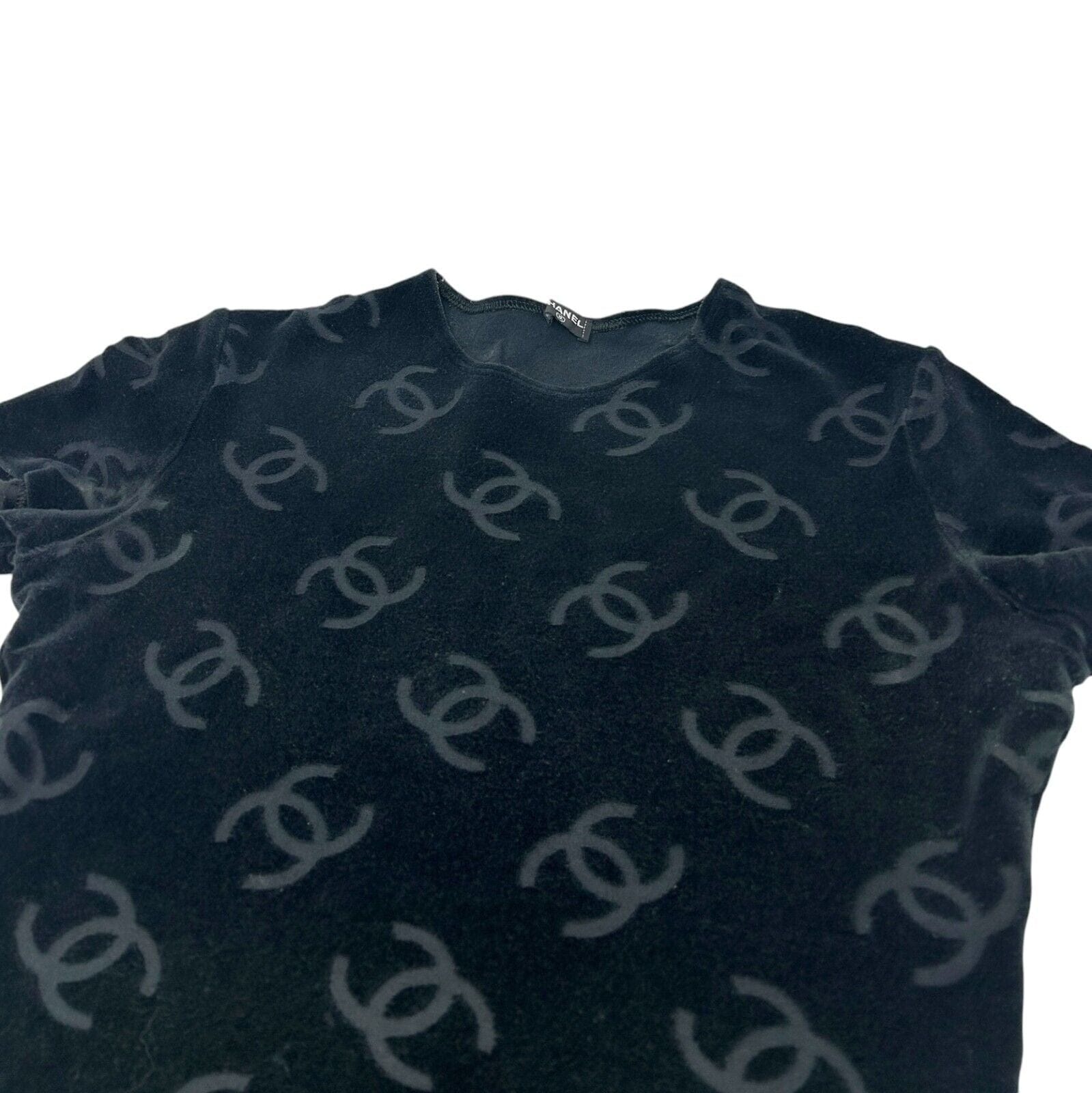 Luxury Promise Japan CHANEL Vintage 1996 CC Mark Logo Velour T-shirt Top #42 Black Cotton Nylon