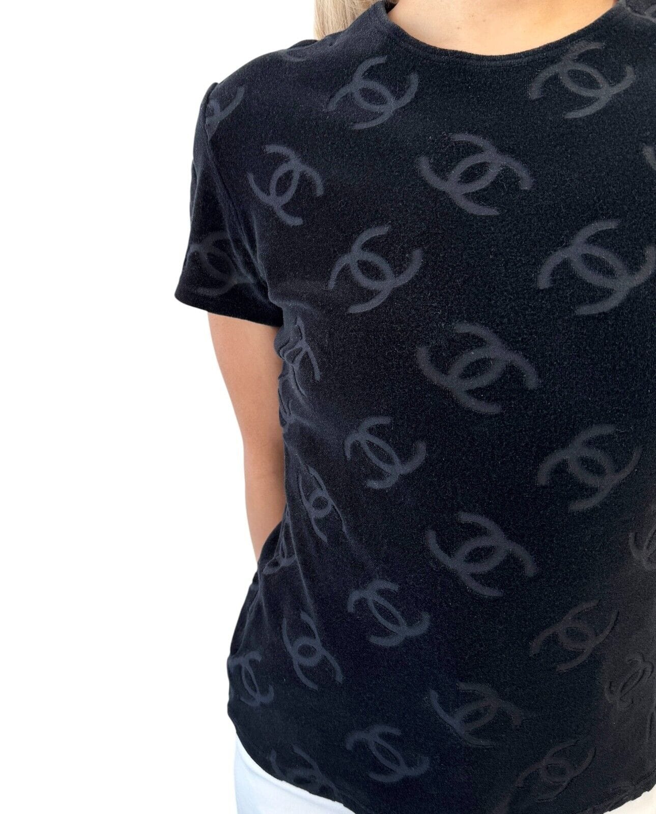 Luxury Promise Japan CHANEL Vintage 1996 CC Mark Logo Velour T-shirt Top #42 Black Cotton Nylon