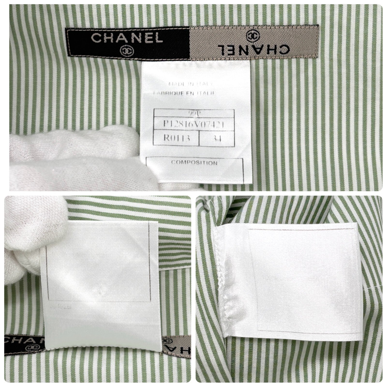 Luxury Promise Japan CHANEL Vintage 99P CC Logo Striped Shirt #34 Short Sleeve Top Green White Cotton