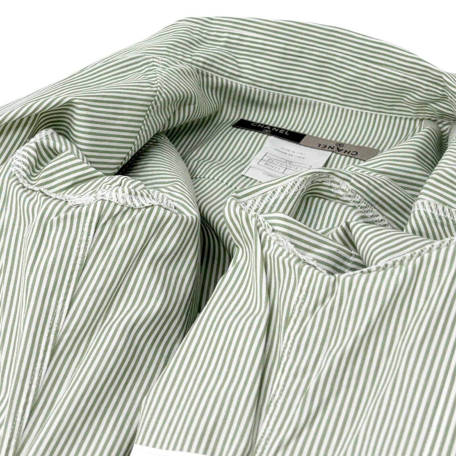 Luxury Promise Japan CHANEL Vintage 99P CC Logo Striped Shirt #34 Short Sleeve Top Green White Cotton