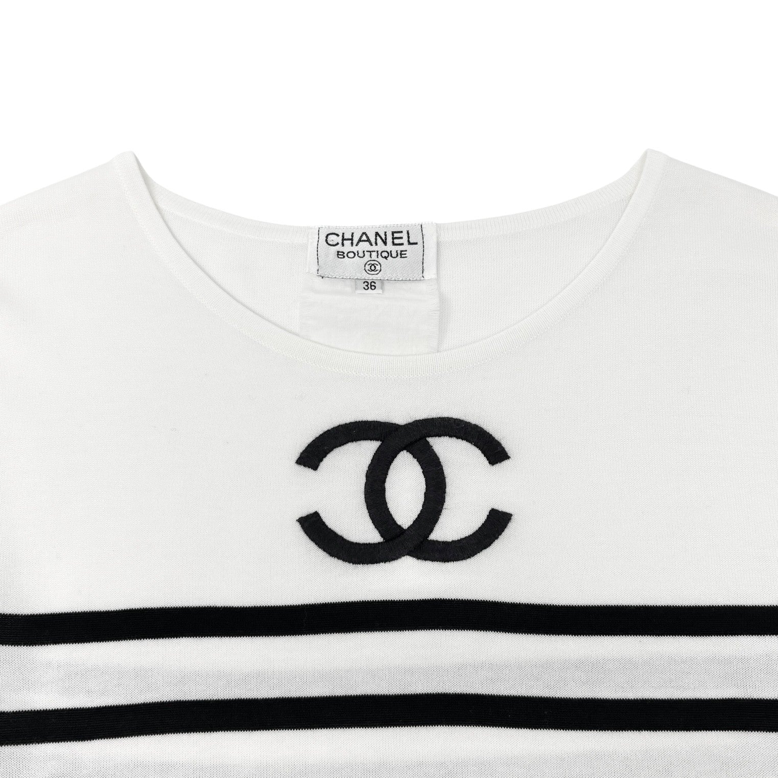 Luxury Promise Japan CHANEL Vintage CC Logo Stripe Short Sleeve Top #36 Black White Cotton Shirt