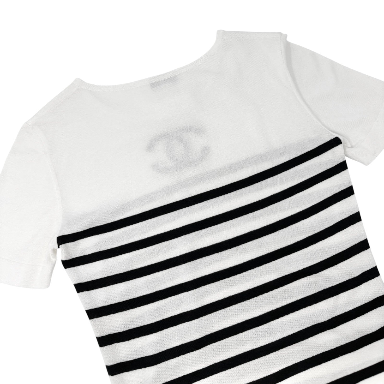 Luxury Promise Japan CHANEL Vintage CC Logo Stripe Short Sleeve Top #36 Black White Cotton Shirt