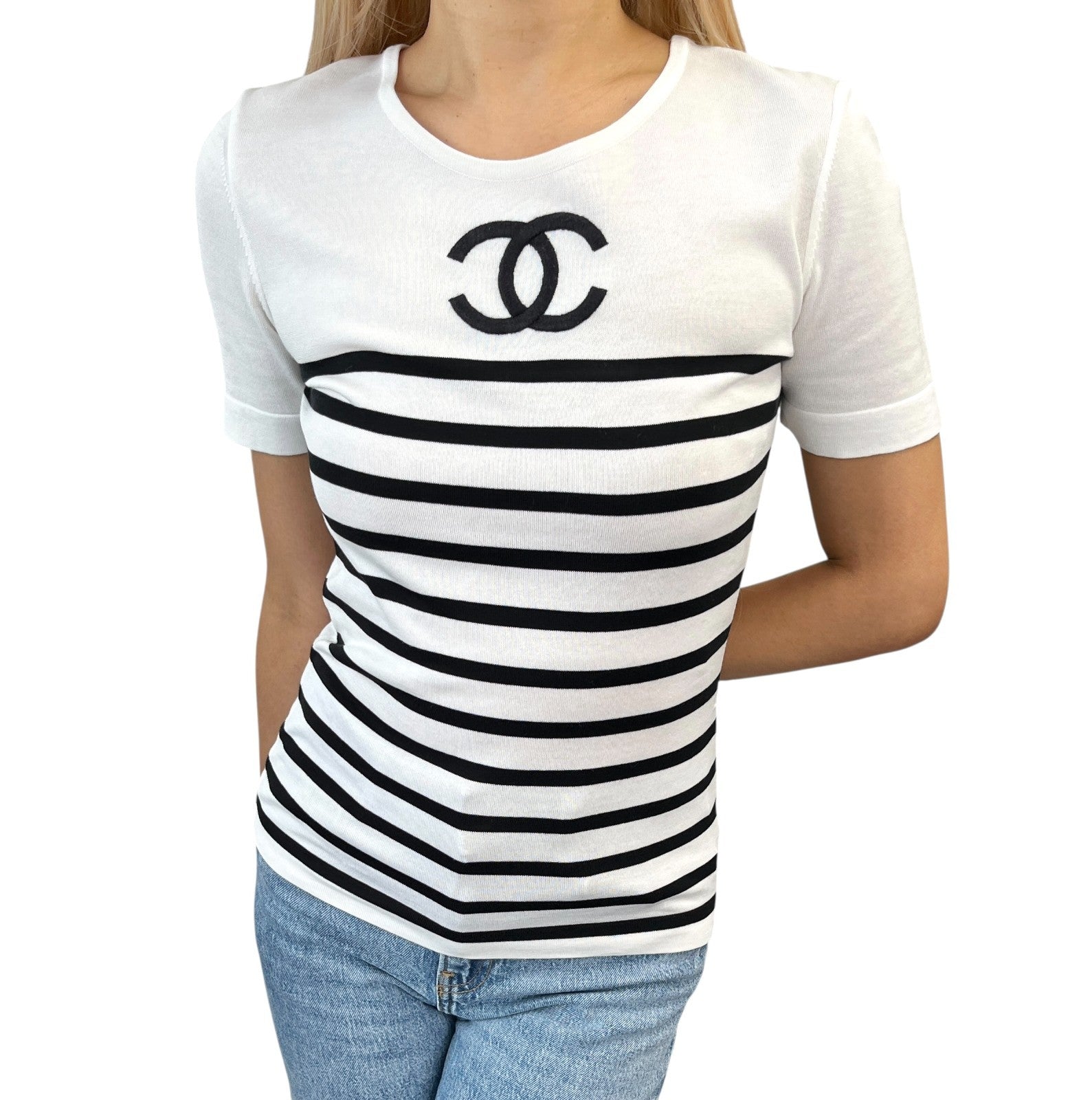 Luxury Promise Japan CHANEL Vintage CC Logo Stripe Short Sleeve Top #36 Black White Cotton Shirt