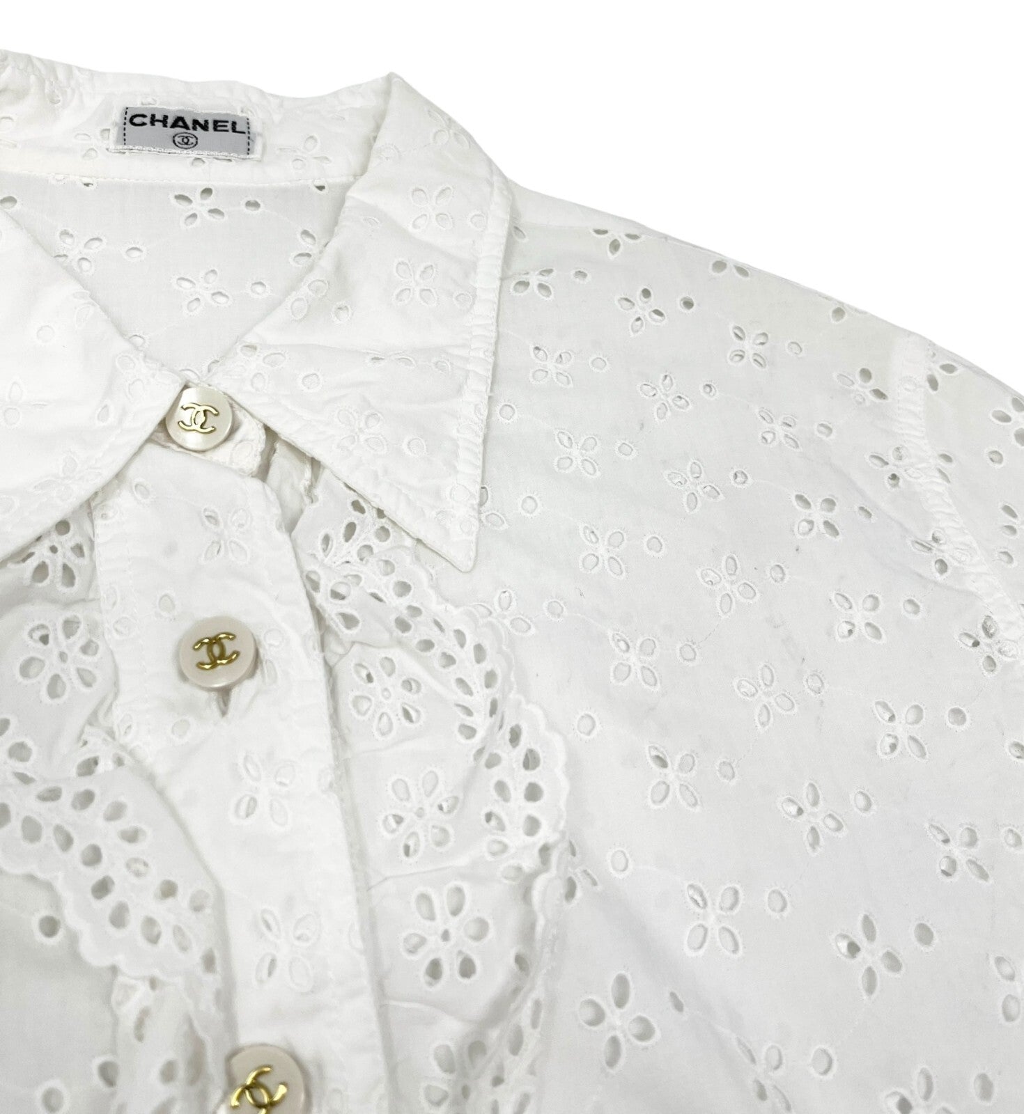 Luxury Promise Japan CHANEL Vintage CC Punching Shirt Top Frill Button Up Blouse White Cotton RankAB