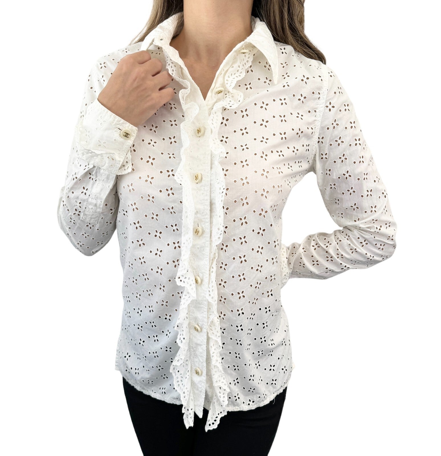 Luxury Promise Japan CHANEL Vintage CC Punching Shirt Top Frill Button Up Blouse White Cotton RankAB