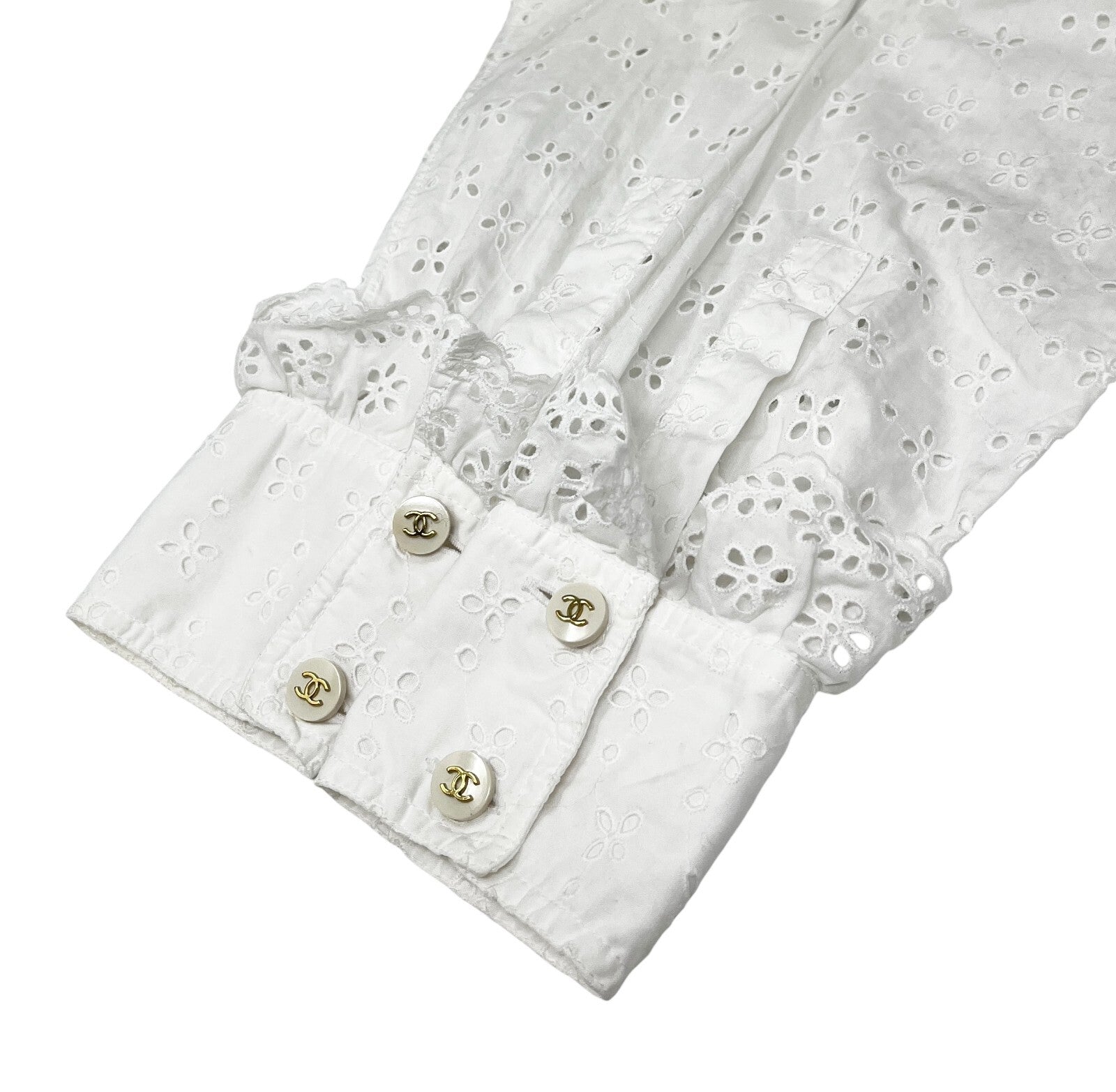 Luxury Promise Japan CHANEL Vintage CC Punching Shirt Top Frill Button Up Blouse White Cotton RankAB