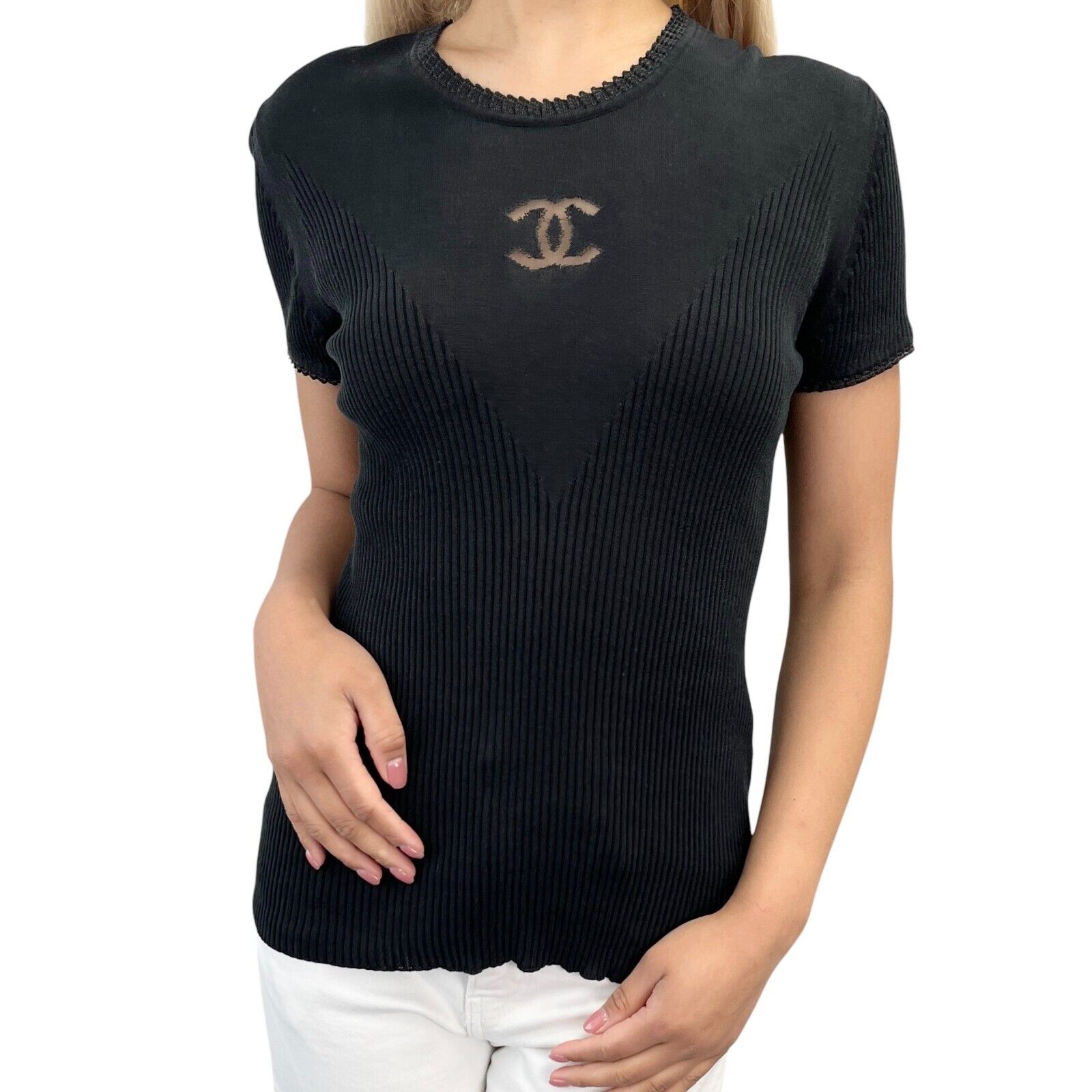 Luxury Promise Japan CHANEL Vintage P37824 CC Mark Logo See-through T-shirt Top #42 Black Cotton