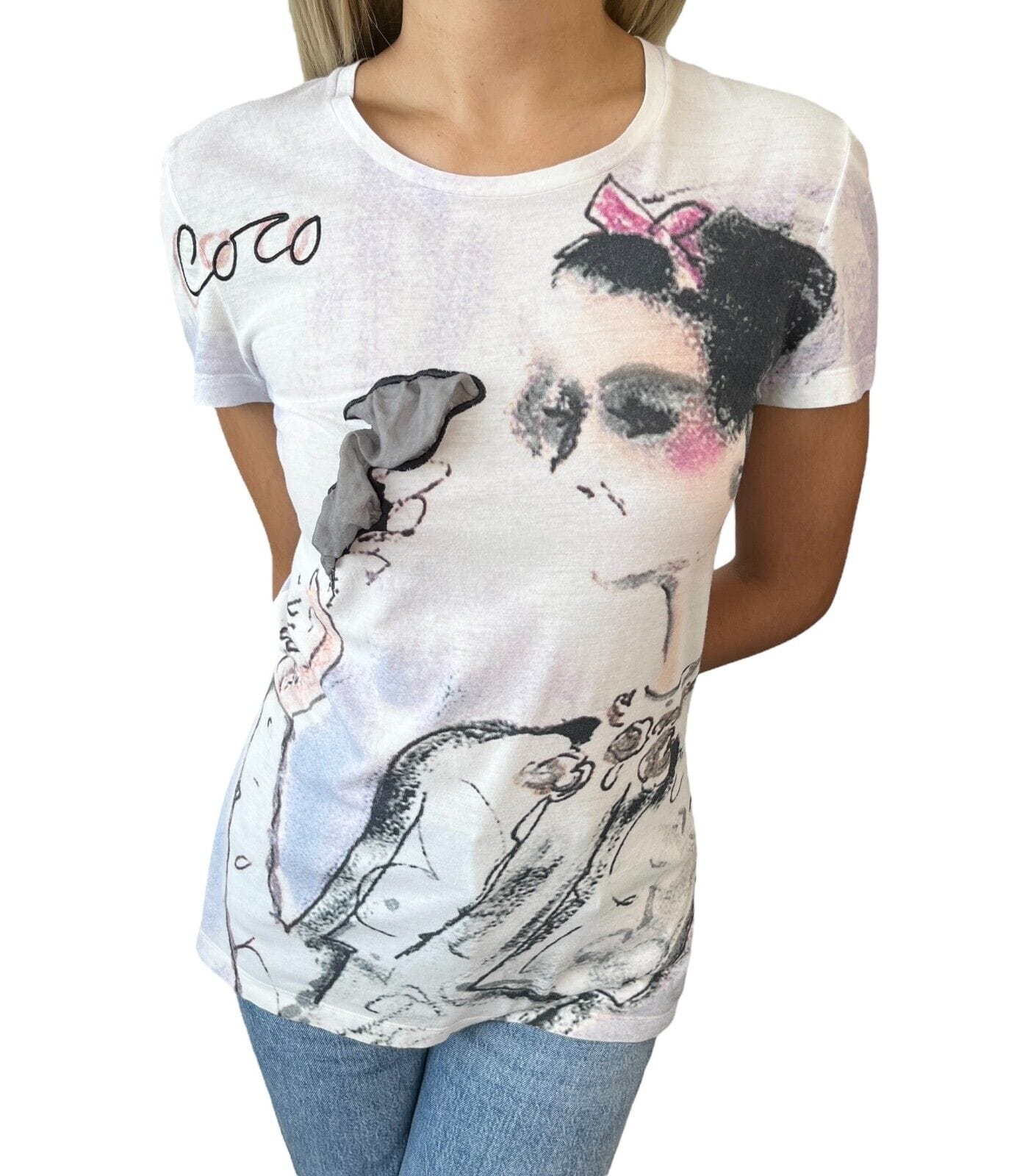 Luxury Promise Japan CHANEL Vintage P37873 CC Logo T-shirt Top #46 White Short Sleeve Cotton RankAB+