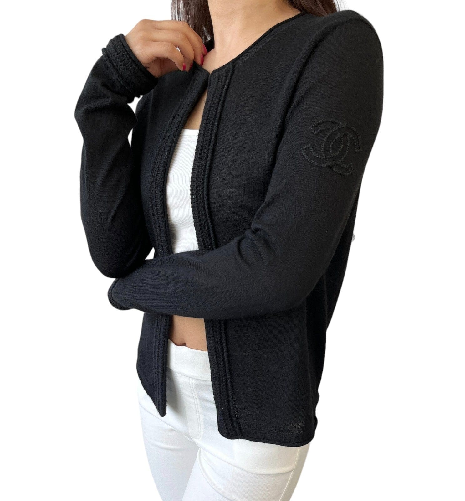 Luxury Promise Japan CHANEL Vintage P39389 CC Logo Cardigan #34 Sweater Knit Top Black Cashmere