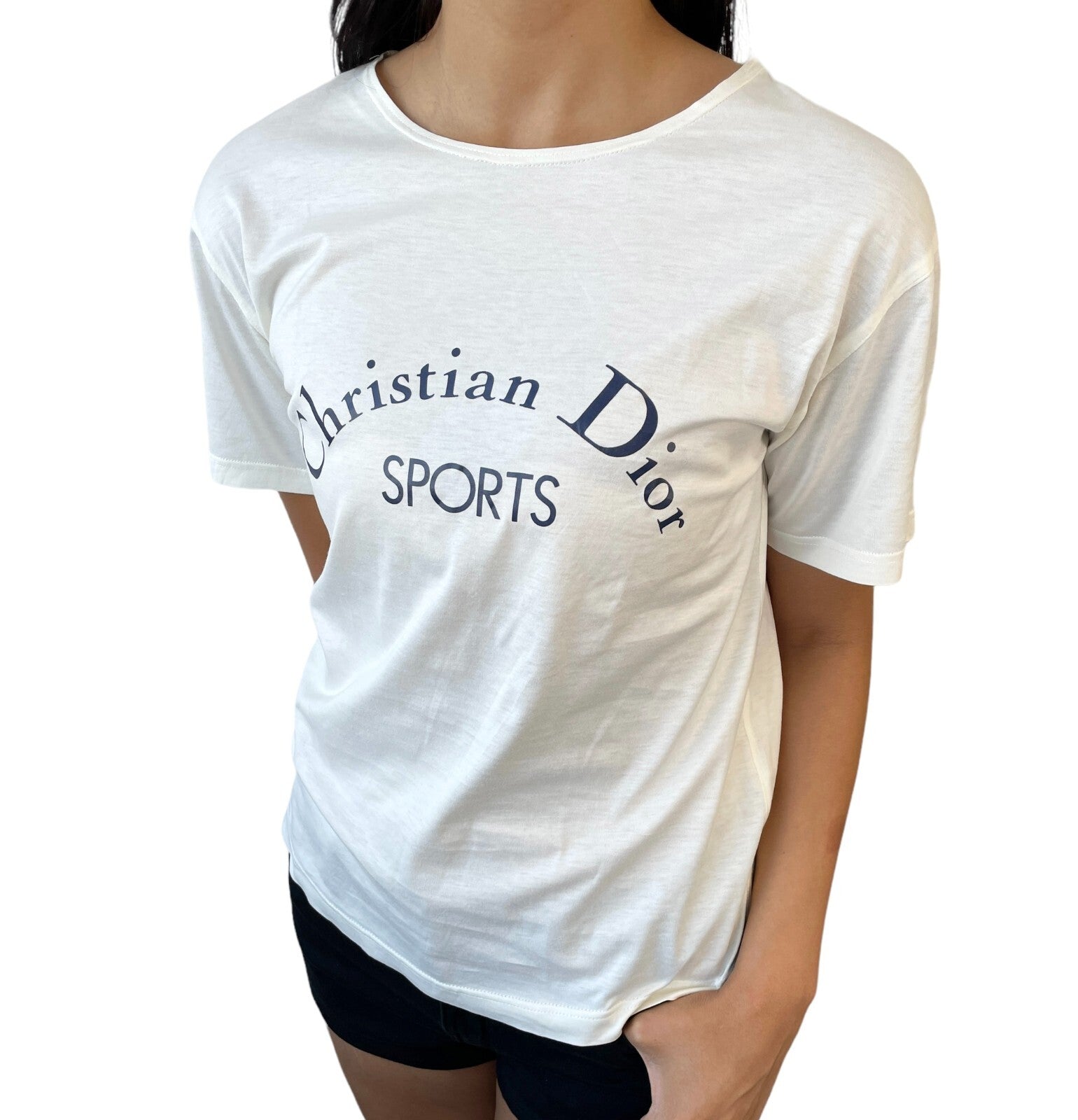 Luxury Promise Japan Christian Dior Sports Vintage Big Logo T-shirt Top #M White Dark Blue Cotton