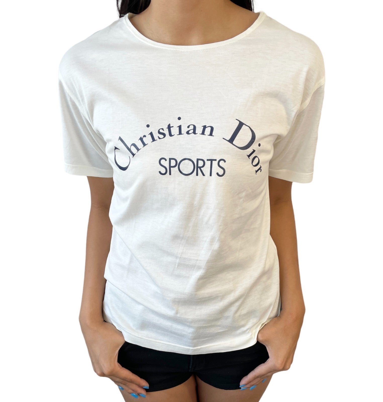 Luxury Promise Japan Christian Dior Sports Vintage Big Logo T-shirt Top #M White Dark Blue Cotton