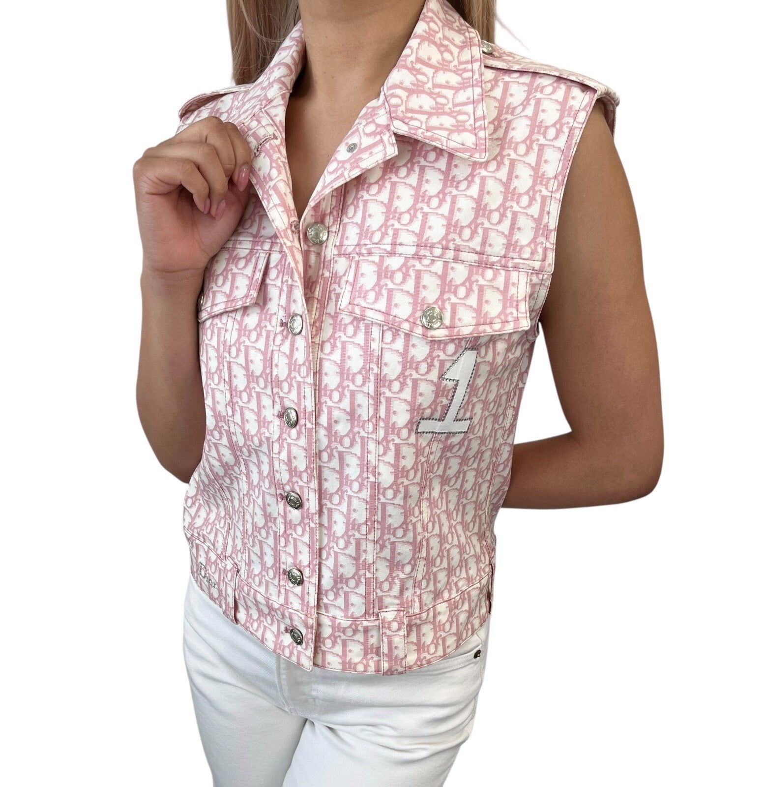 Luxury Promise Japan Christian Dior Vintage 2004 Trotter Monogram Vest Jacket #38 Pink White Cotton