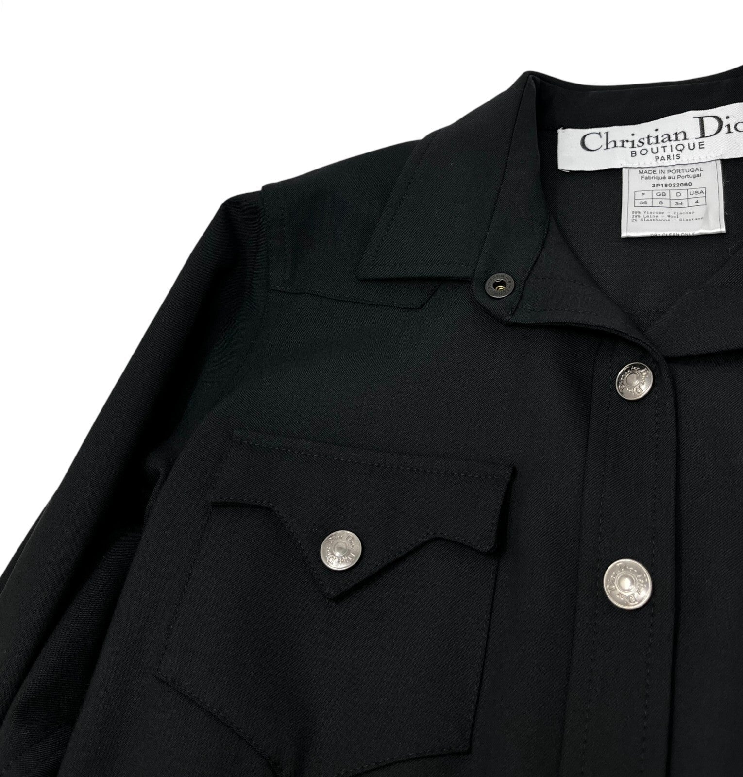 Luxury Promise Japan Christian Dior Vintage Logo Shirt Jacket Top #36 Snap Button Black Viscose Wool
