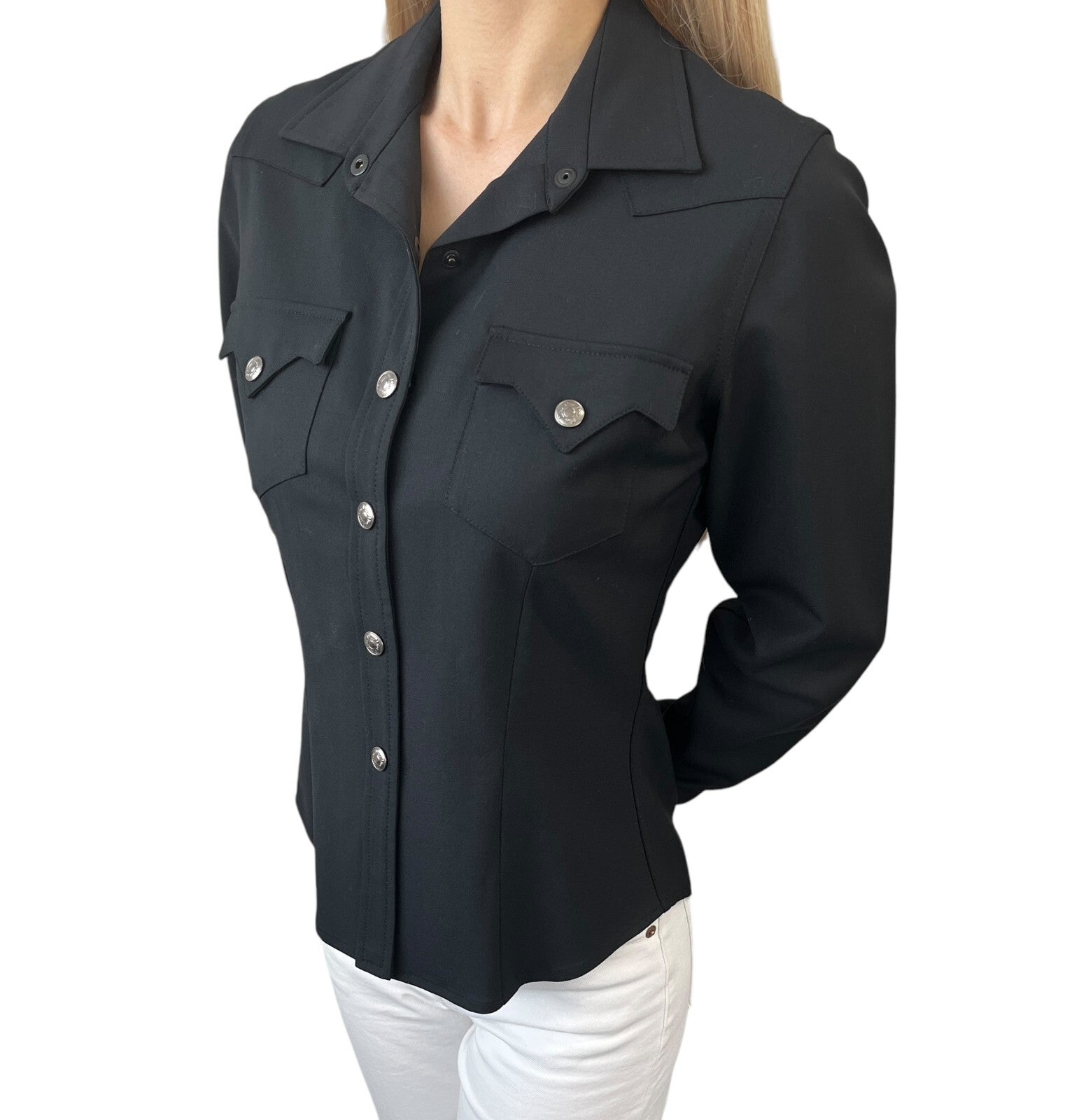 Luxury Promise Japan Christian Dior Vintage Logo Shirt Jacket Top #36 Snap Button Black Viscose Wool