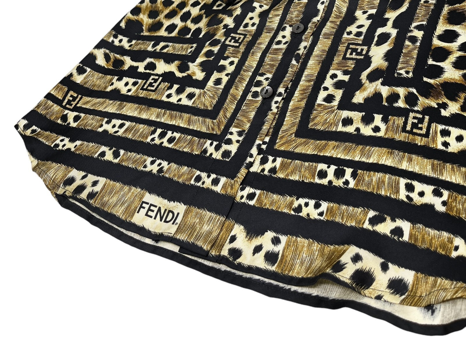 Luxury Promise Japan FENDI Vintage Big FF Zucca Logo Silk Shirt Top Leopard Brown Black Silk Rank AB