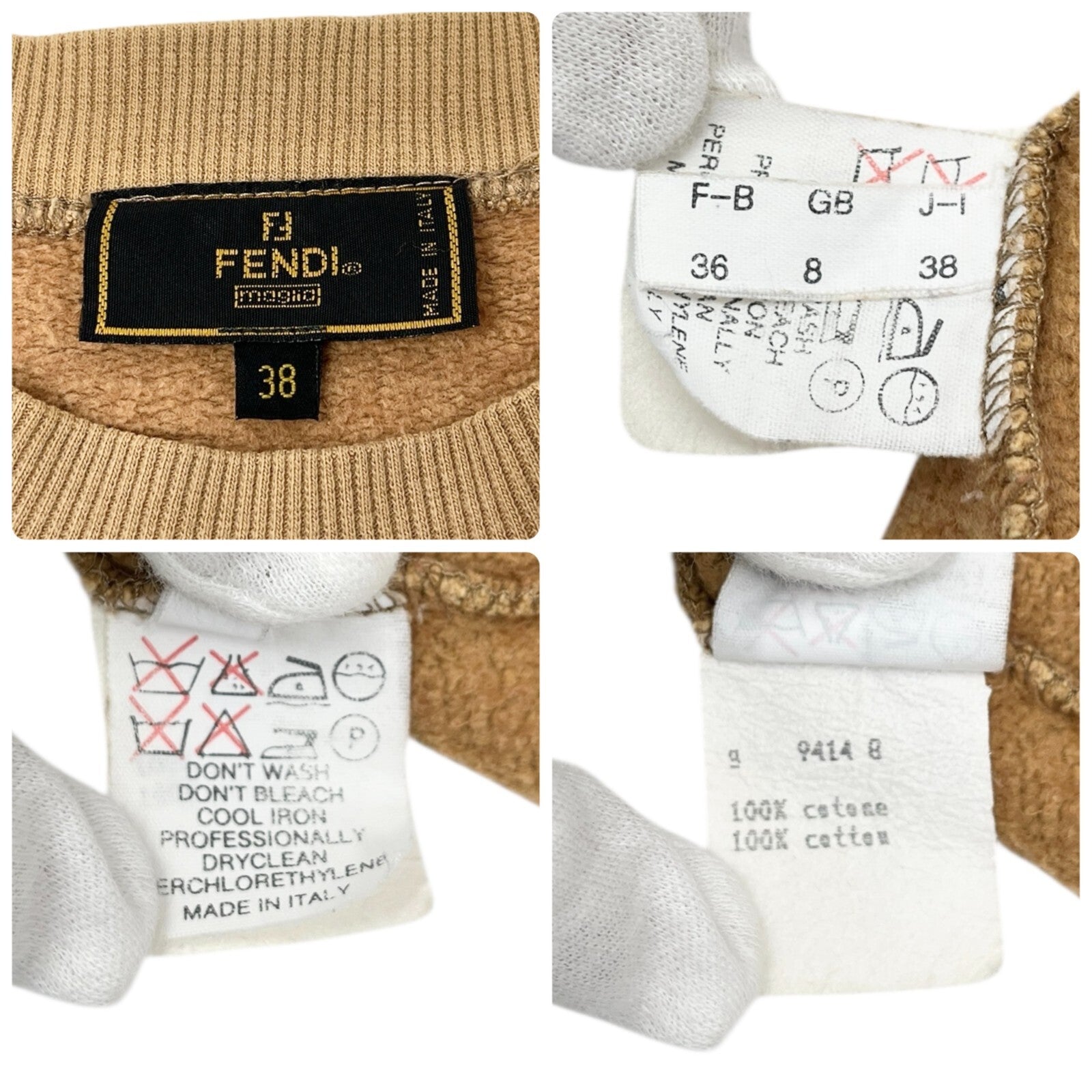 Luxury Promise Japan FENDI Vintage Big Logo Sweatshirt Top #38 Brown Cotton Velvet Long Sleeve