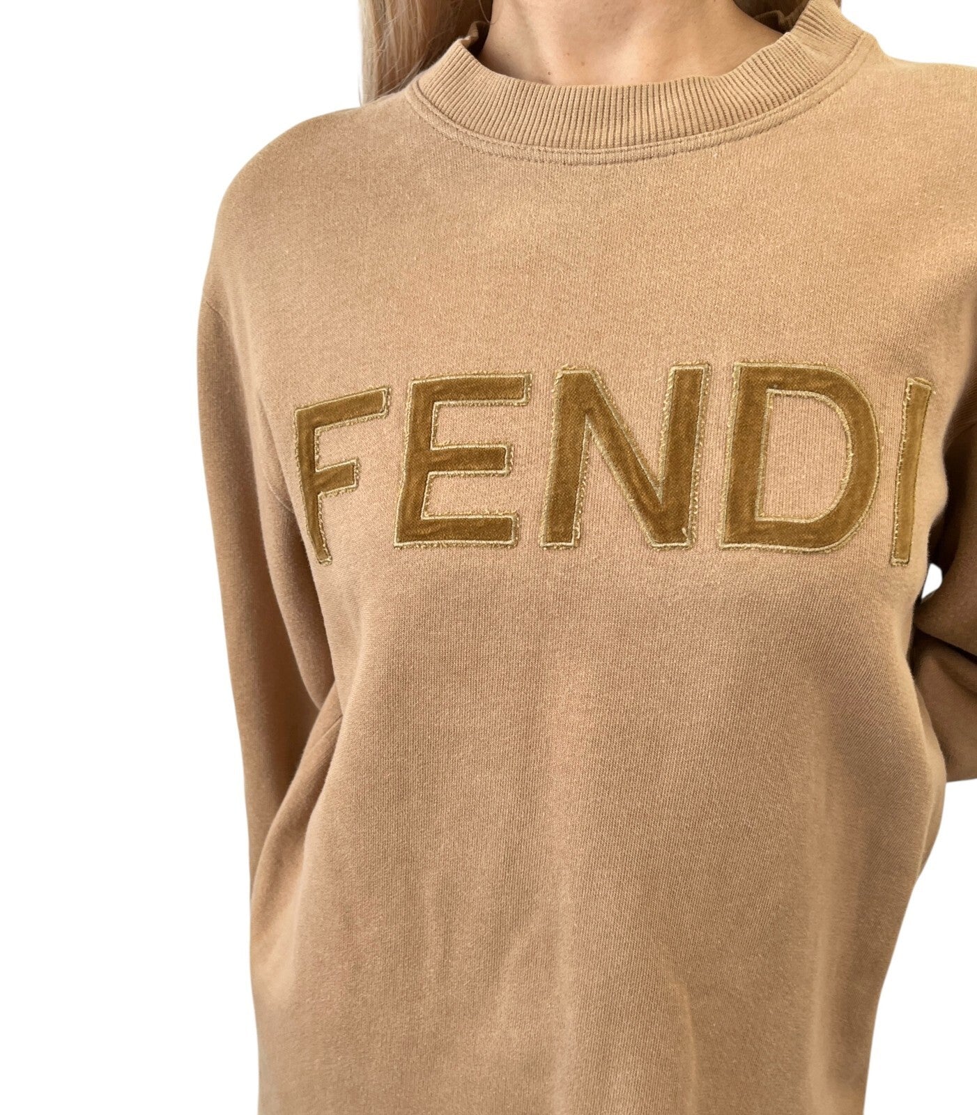 Luxury Promise Japan FENDI Vintage Big Logo Sweatshirt Top #38 Brown Cotton Velvet Long Sleeve