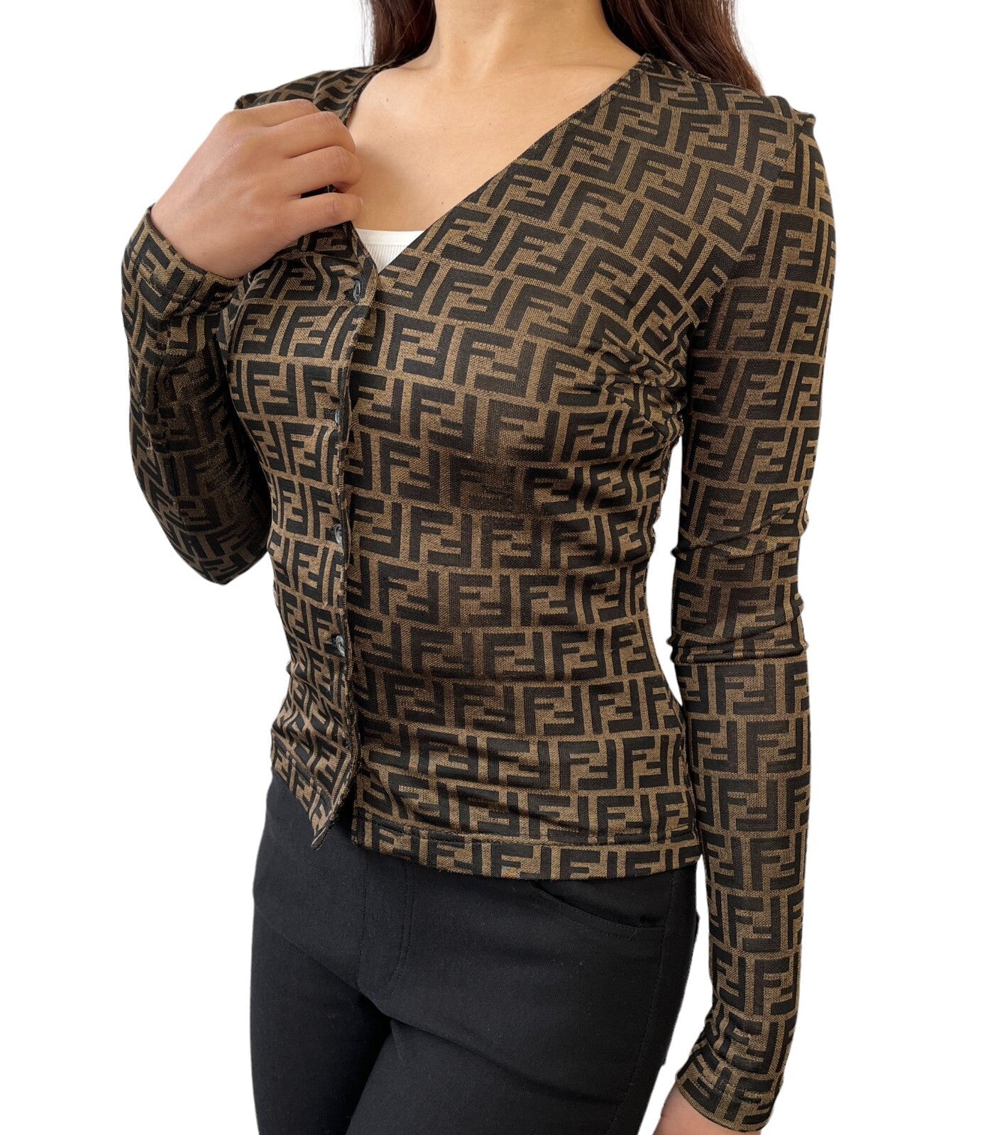 Luxury Promise Japan FENDI Vintage Zucca Monogram Logo Shirt Top #36 Button Brown Rayon Rank AB