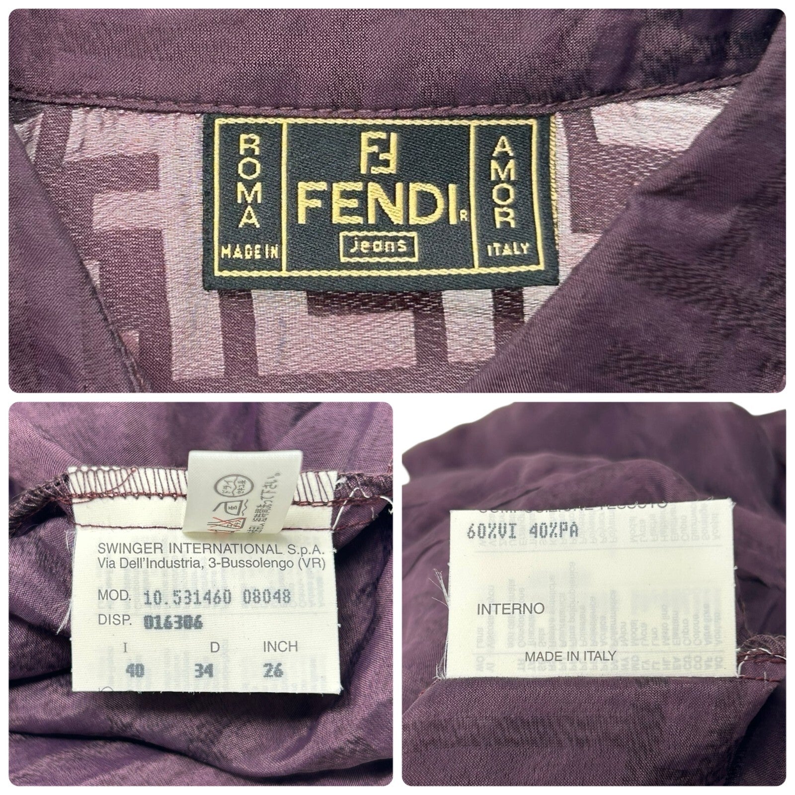 Luxury Promise Japan FENDI Vintage Zucca Monogram See-through Shirt Top #40 Button Purple Viscose