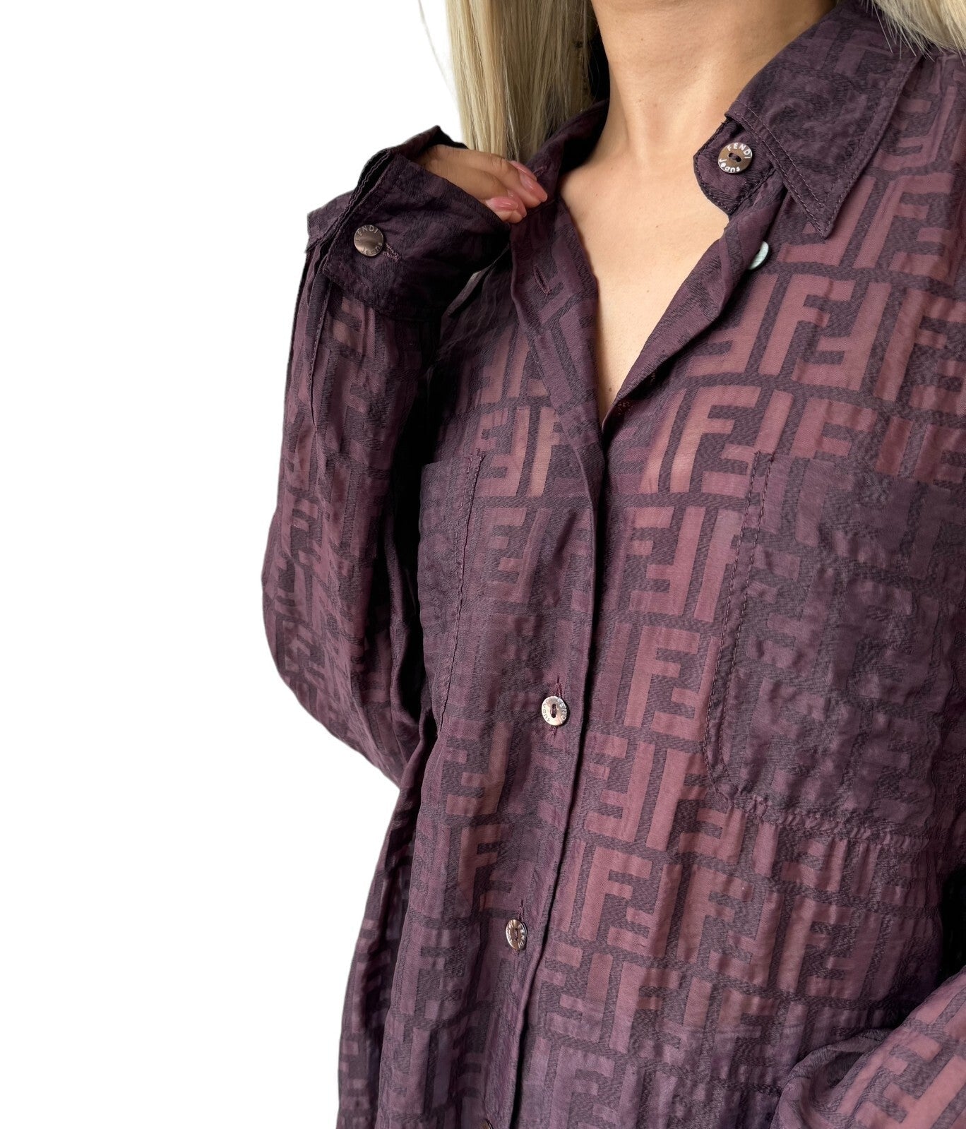 Luxury Promise Japan FENDI Vintage Zucca Monogram See-through Shirt Top #40 Button Purple Viscose