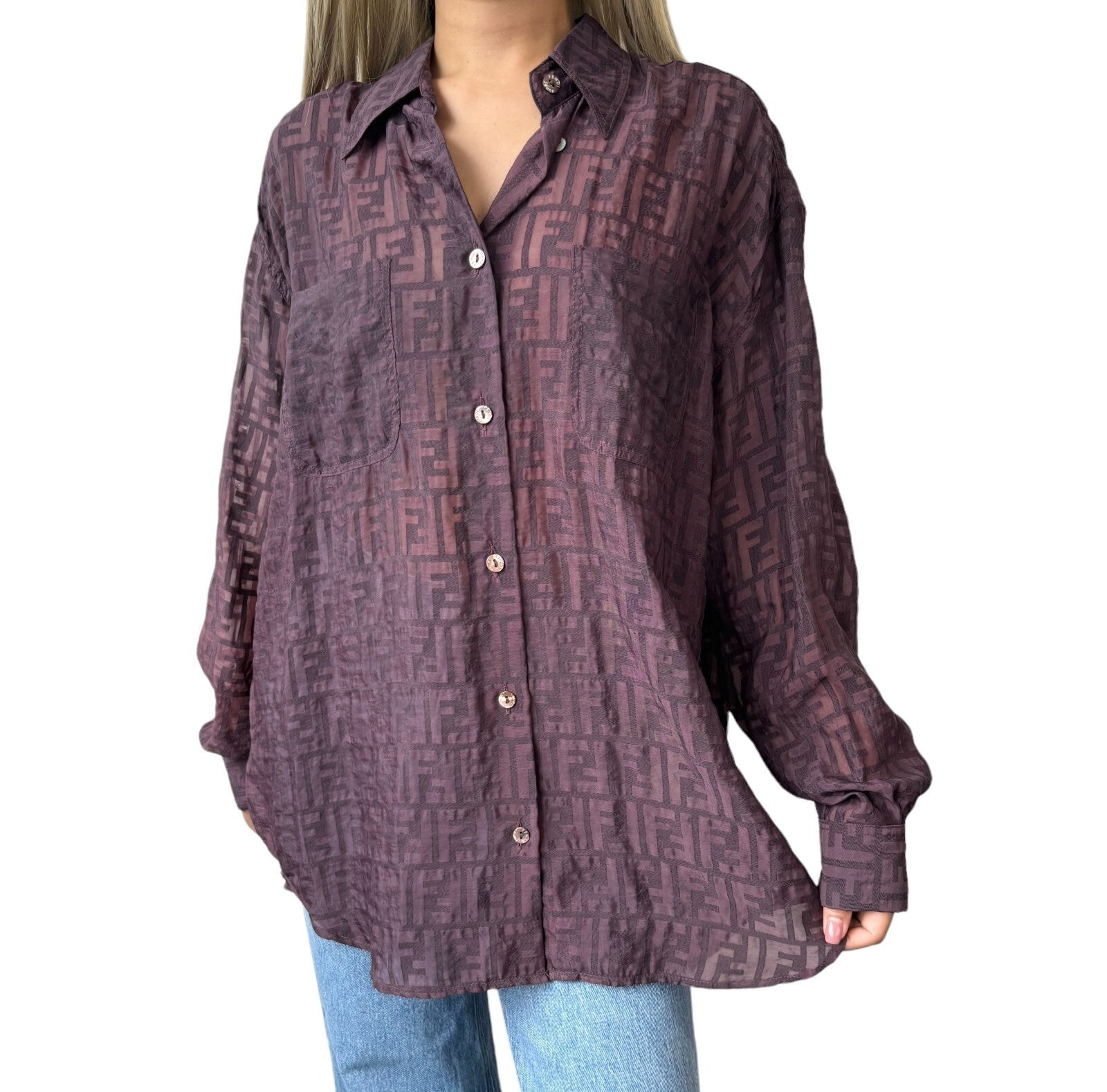 Luxury Promise Japan FENDI Vintage Zucca Monogram See-through Shirt Top #40 Button Purple Viscose