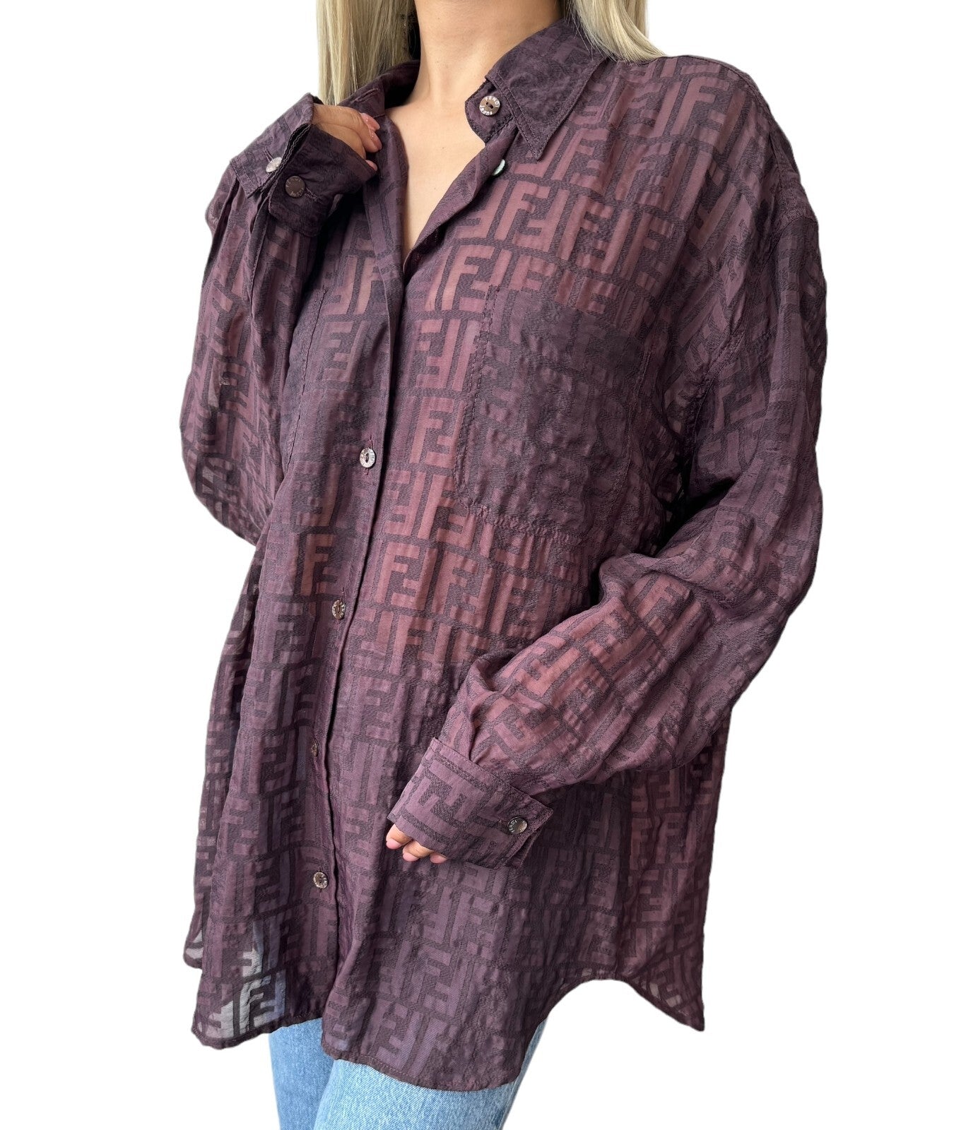 Luxury Promise Japan FENDI Vintage Zucca Monogram See-through Shirt Top #40 Button Purple Viscose