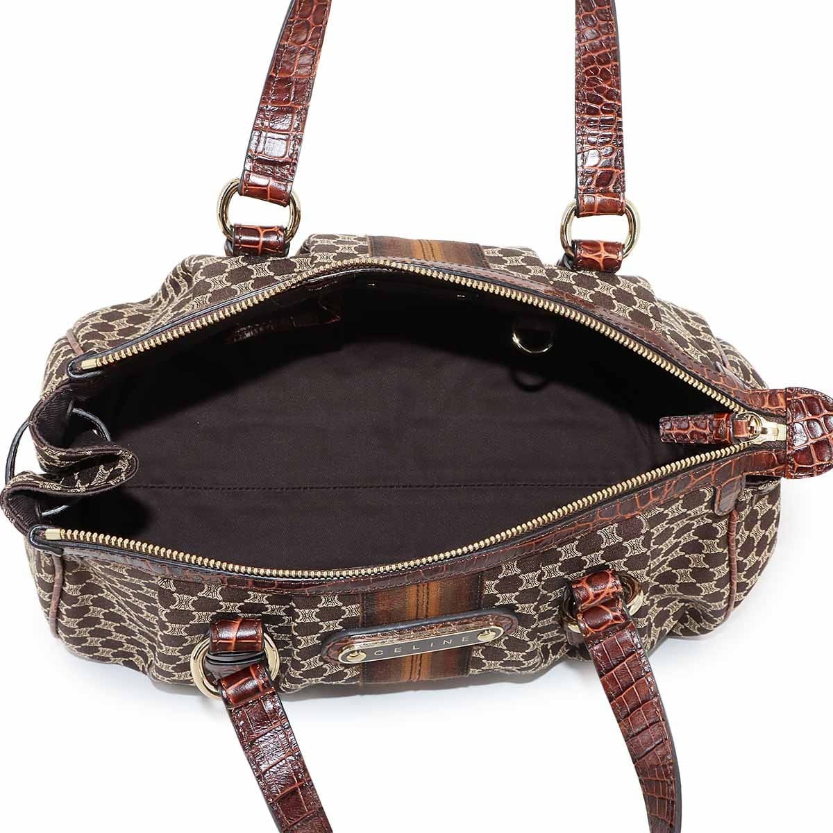 Luxury Promise Japan CELINE Macadam Hand Bag Canvas Leather Dark Brown Vintage Purse 90291694