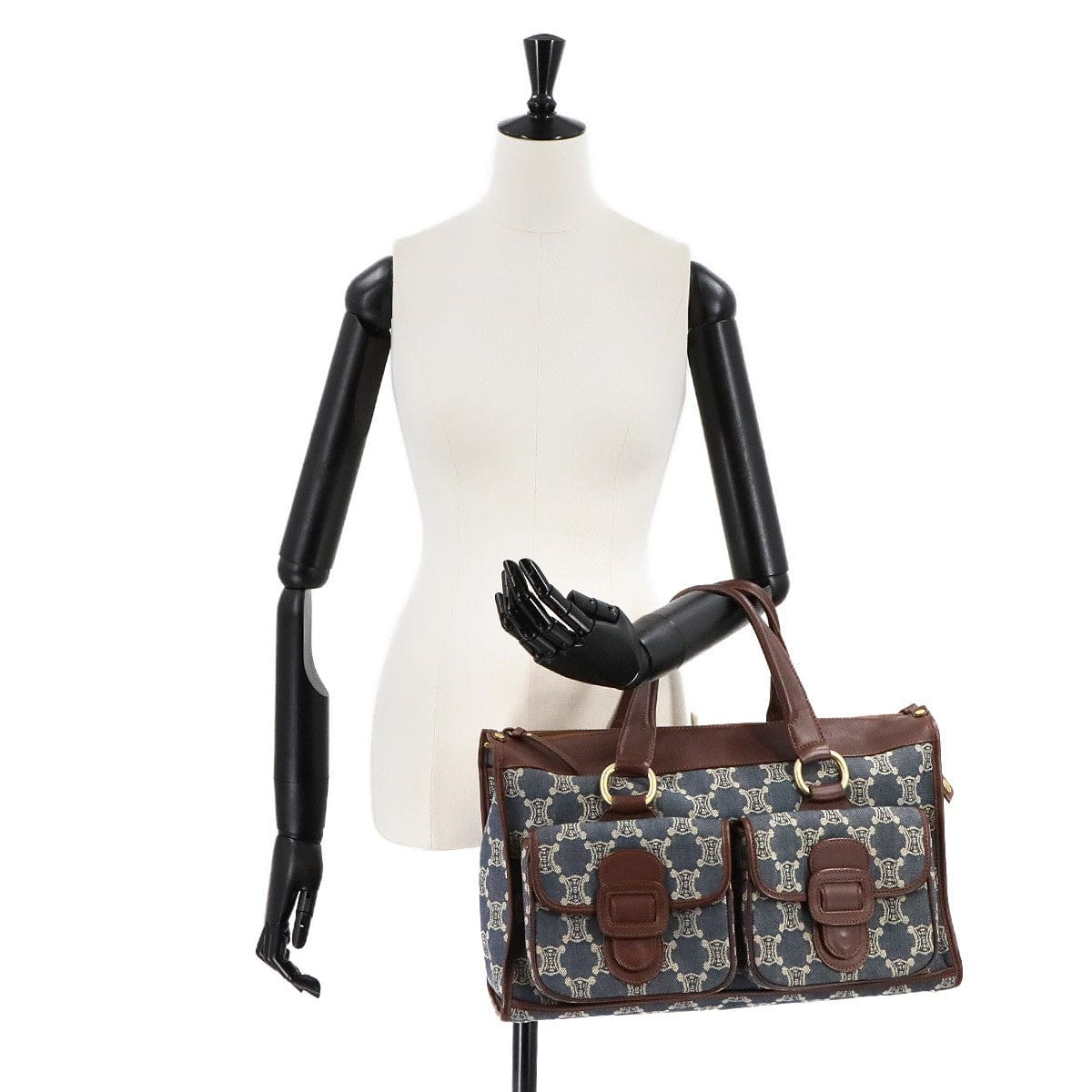 Luxury Promise Japan CELINE Macadam Hand Bag Denim Leather Blue Brown Purse 90289266