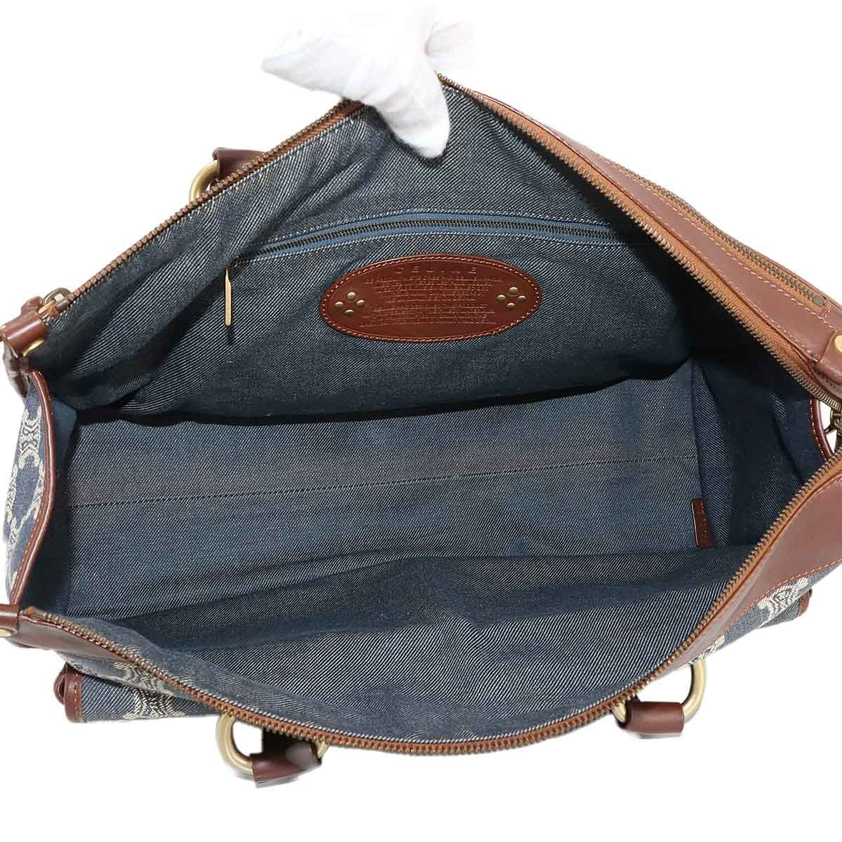 Luxury Promise Japan CELINE Macadam Hand Bag Denim Leather Blue Brown Purse 90289266