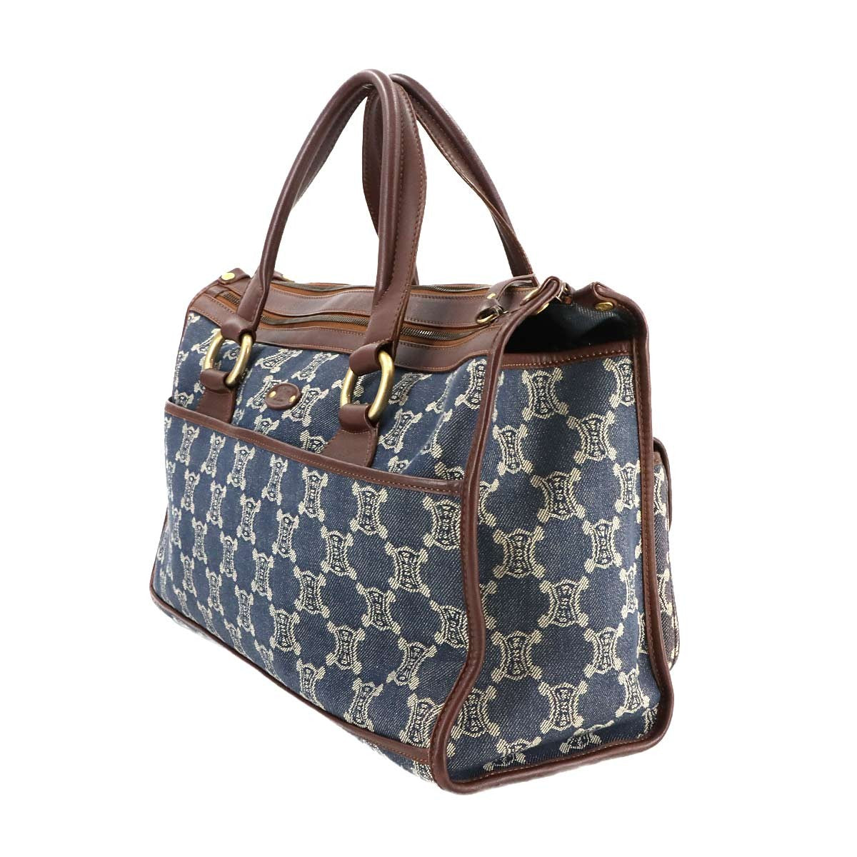 Luxury Promise Japan CELINE Macadam Hand Bag Denim Leather Blue Brown Purse 90289266