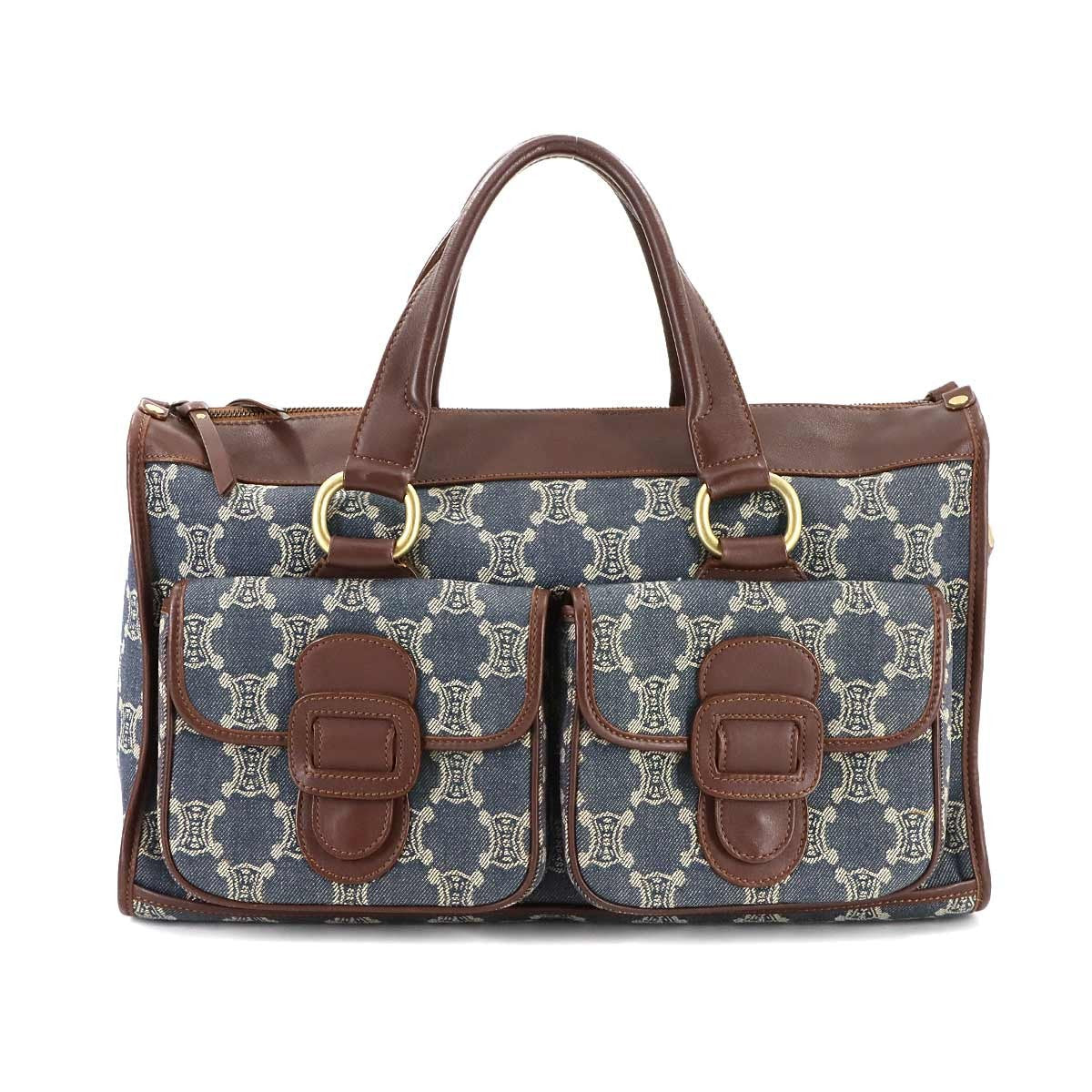 Luxury Promise Japan CELINE Macadam Hand Bag Denim Leather Blue Brown Purse 90289266