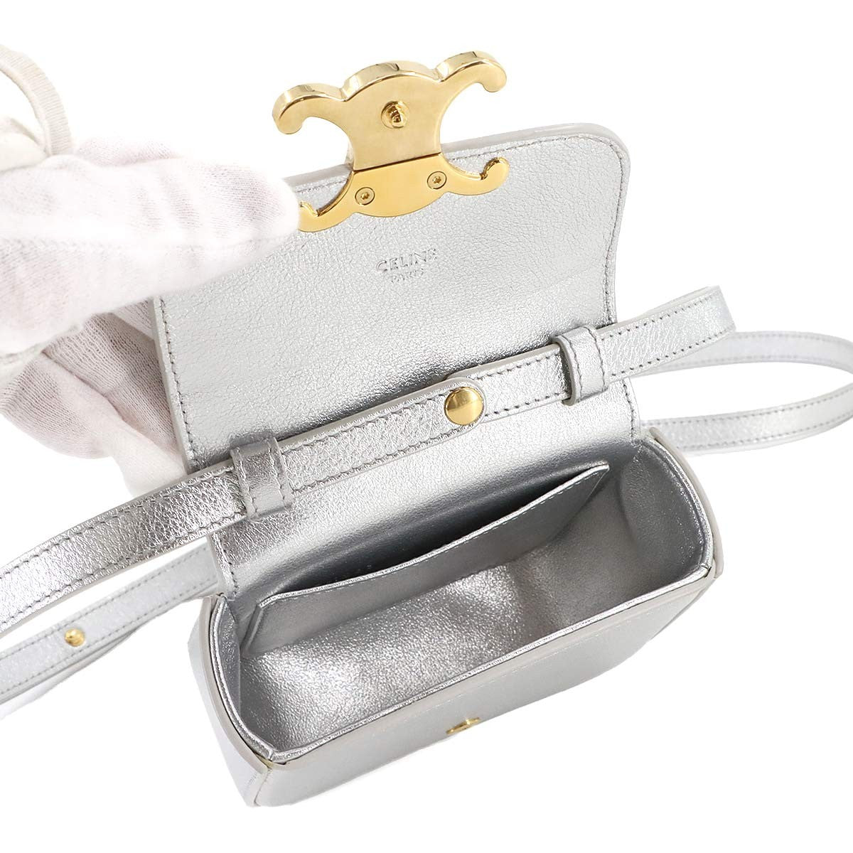 Luxury Promise Japan CELINE Triomphe Claude Mini Shoulder Bag Leather Silver 10I513DPV 90285235