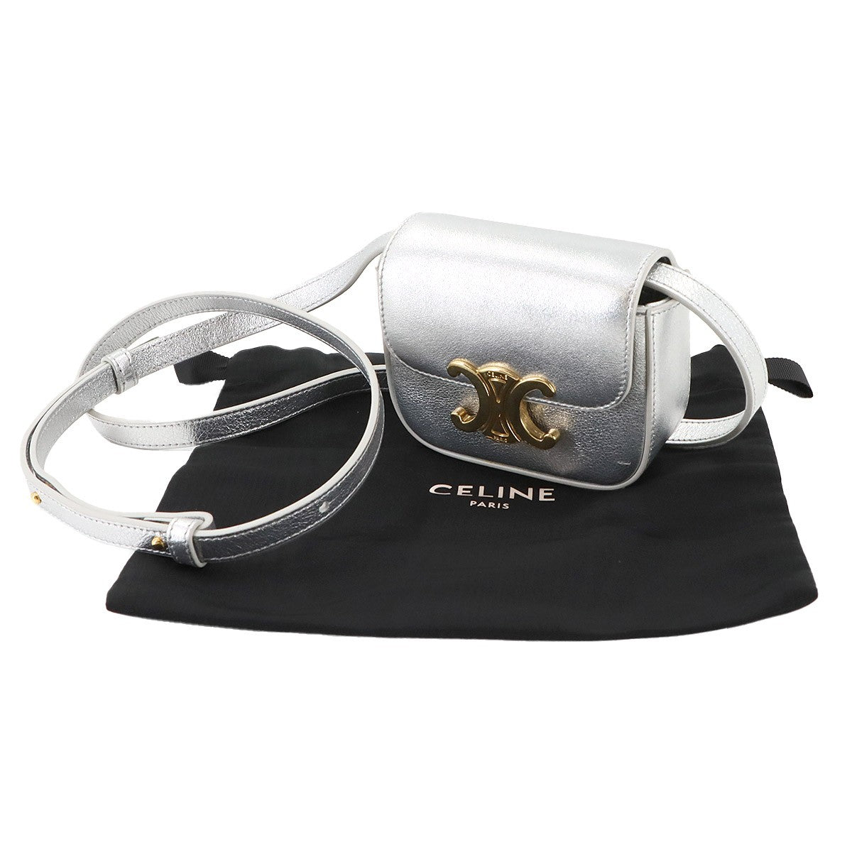 Luxury Promise Japan CELINE Triomphe Claude Mini Shoulder Bag Leather Silver 10I513DPV 90285235