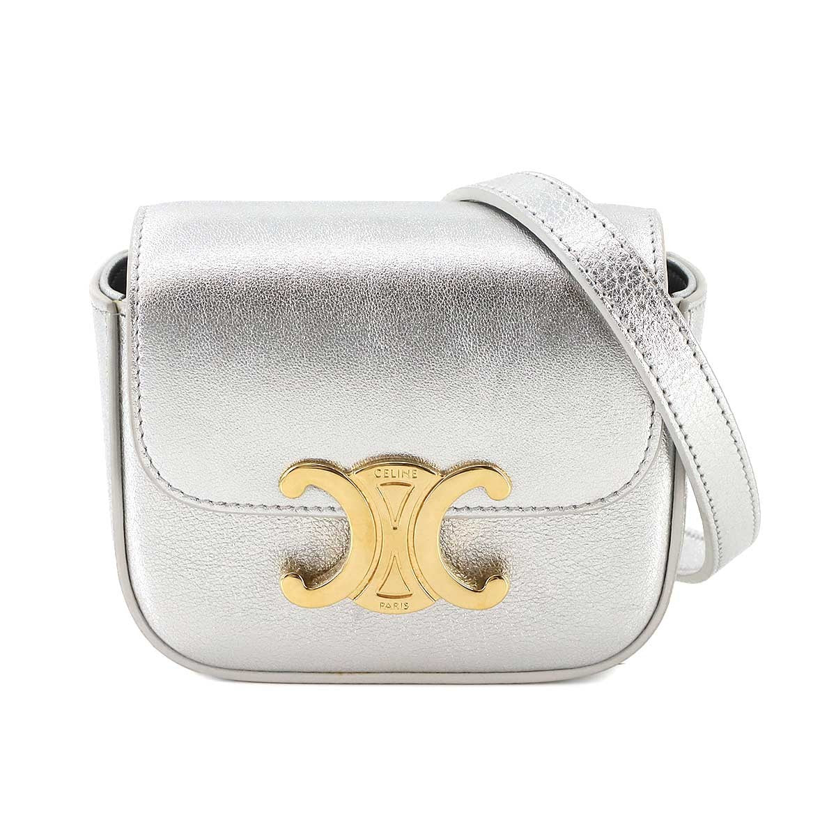 Luxury Promise Japan CELINE Triomphe Claude Mini Shoulder Bag Leather Silver 10I513DPV 90285235