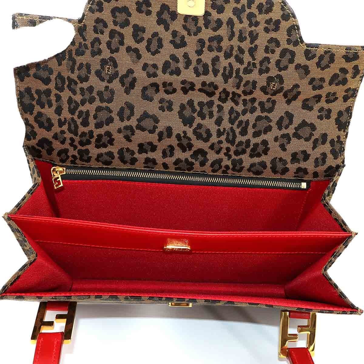 Luxury Promise Japan FENDI Shoulder Bag Canvas Leather Brown Red 26346 Leopard pattern Purse 90290994