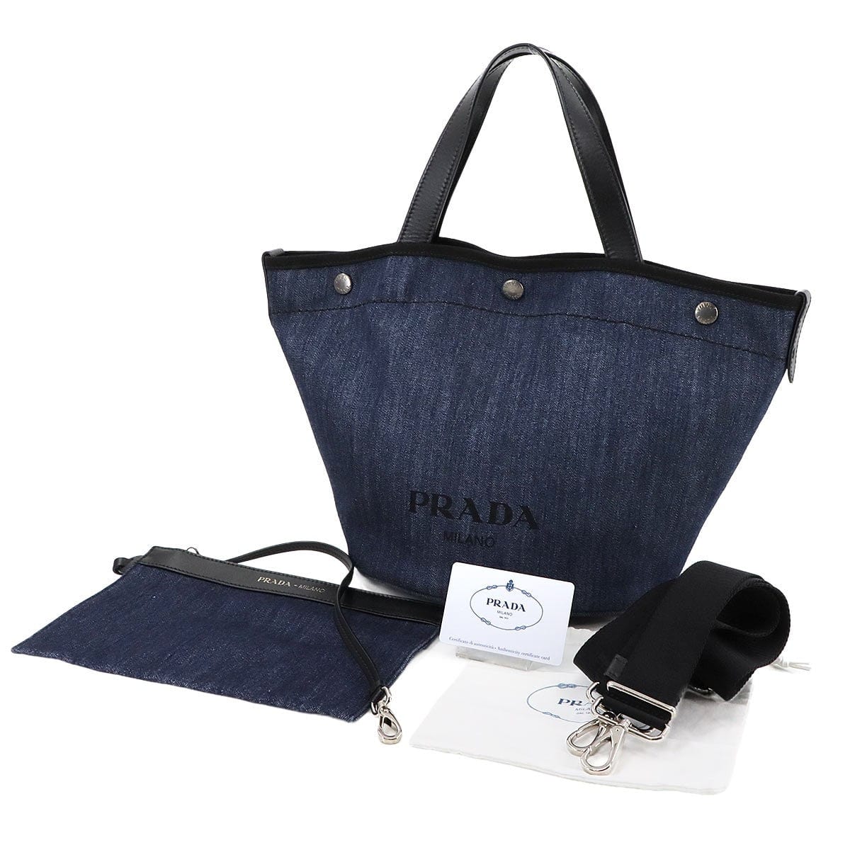 Luxury Promise Japan PRADA Small 2way Tote Shoulder Bag Denim Leather Blue Black 1BG244 90289015